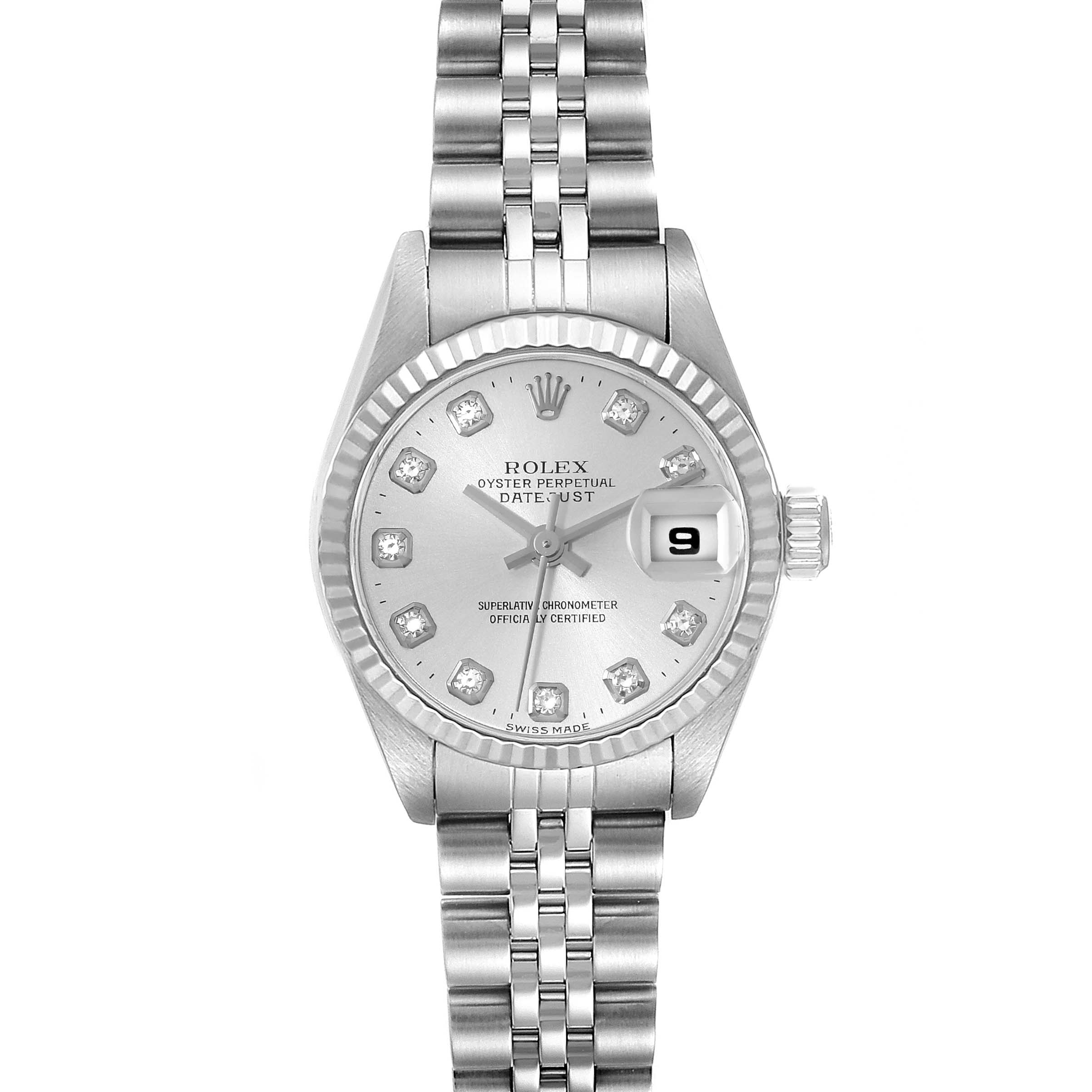 This is a front view of the Rolex Datejust 79174 Women's Stainless Steel Silver Dial 79174 Women's Stainless Steel Silver Dial watch, showing the dial, hands, bezel, and part of the bracelet.