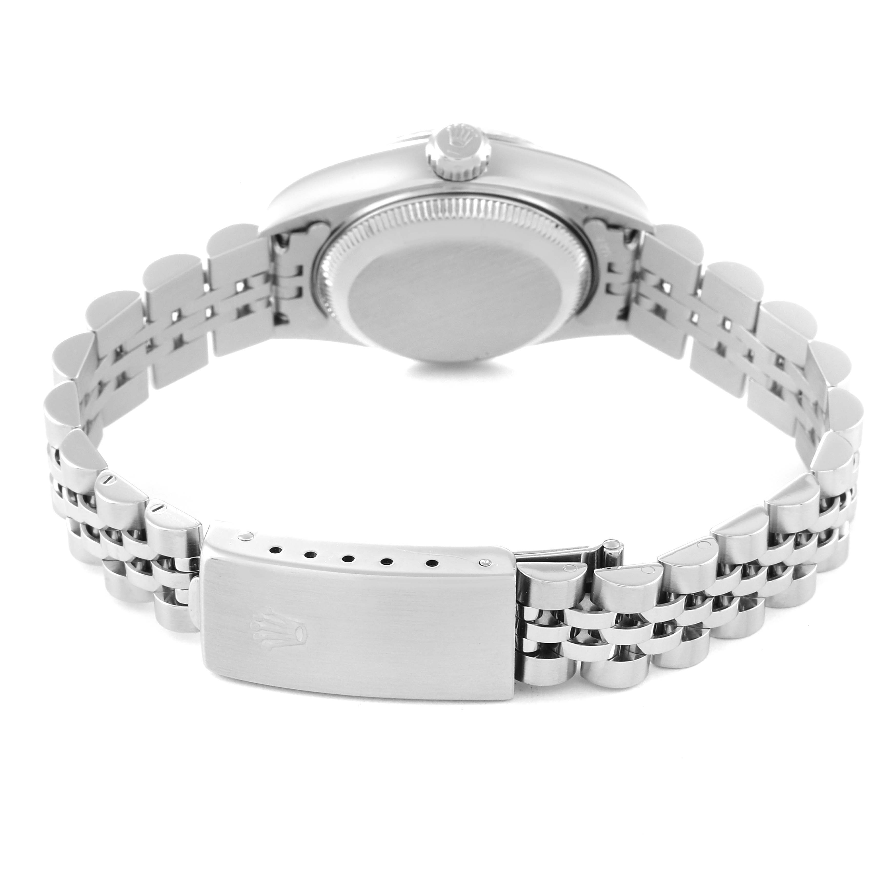 This image shows the back and bracelet clasp of a Rolex Datejust 79174 Women's Stainless Steel Silver Dial 79174 Women's Stainless Steel Silver Dial watch, highlighting its stainless steel construction.