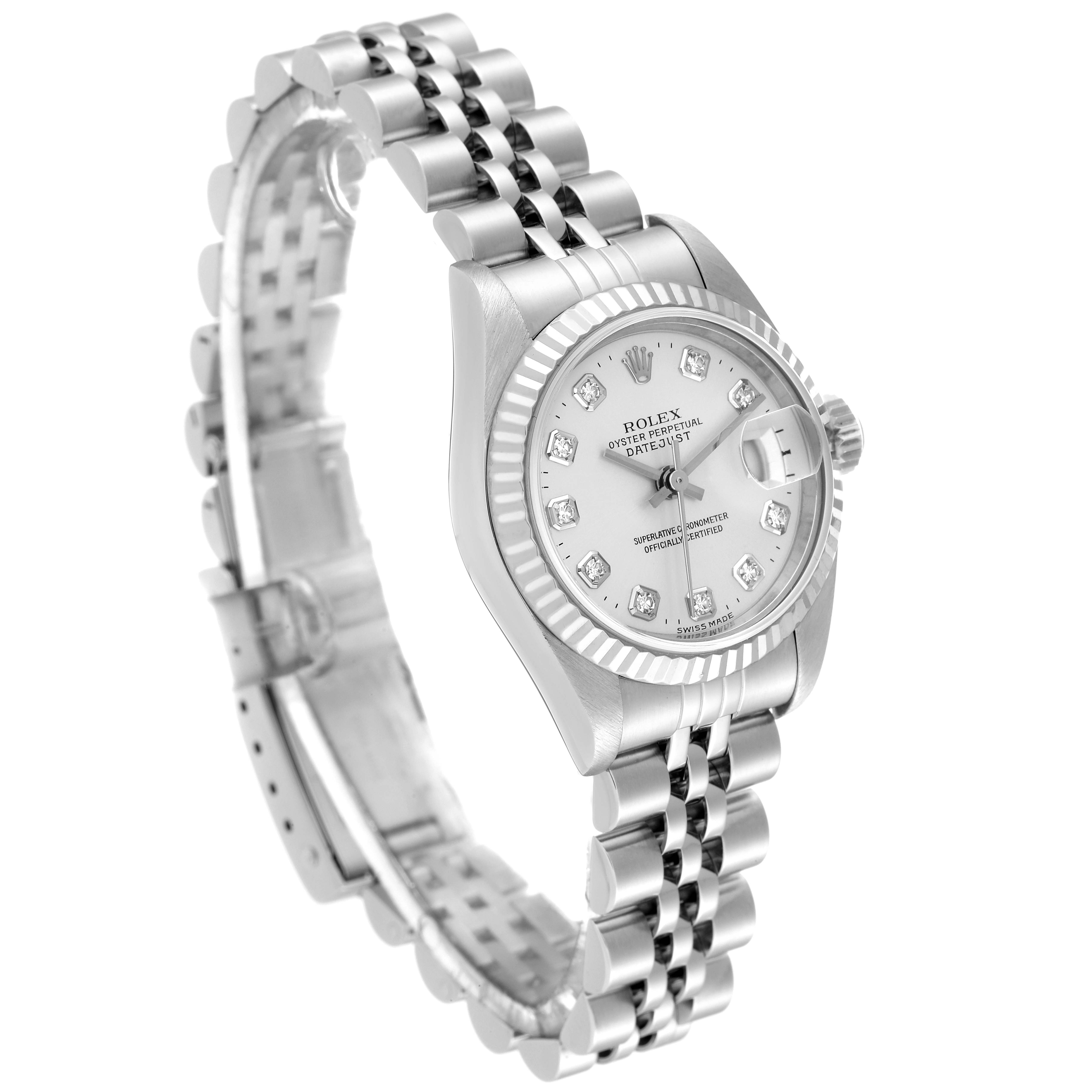 The image shows a side and angled view of a Rolex Datejust 79174 Women's Stainless Steel Silver Dial 79174 Women's Stainless Steel Silver Dial watch, highlighting the bezel, dial, and bracelet.