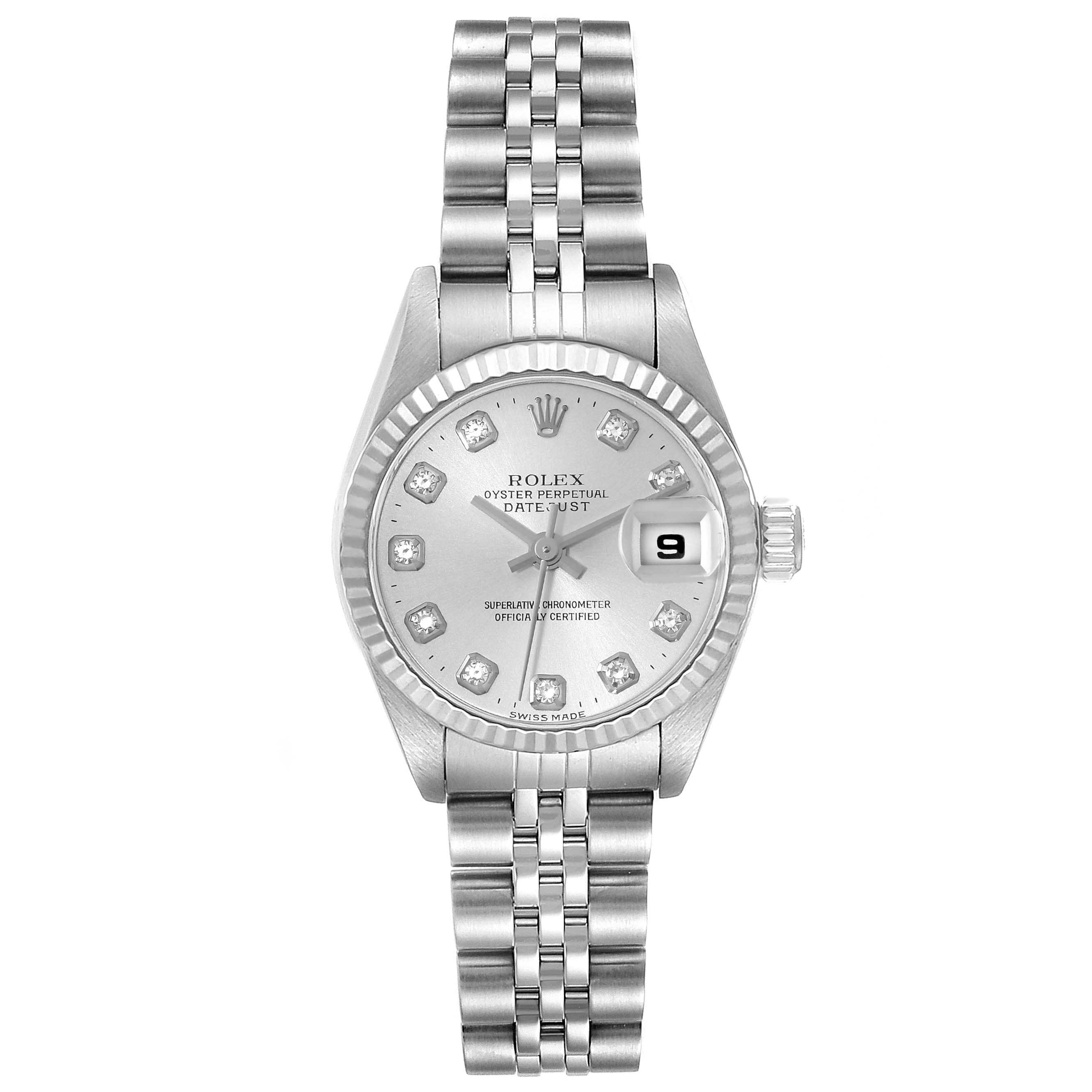 This image shows a Rolex Datejust 79174 Women's Stainless Steel Silver Dial 79174 Women's Stainless Steel Silver Dial watch from a frontal angle, highlighting the dial, fluted bezel, and Jubilee bracelet.