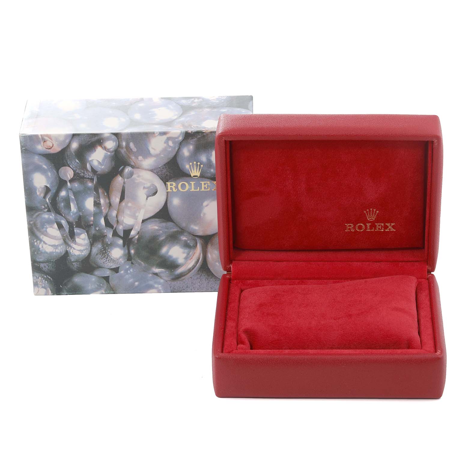 The image shows a Rolex Datejust 179174 Women's Stainless Steel Mother of Pearl Dial 179174 Women's Stainless Steel Mother of Pearl Dial packaging, consisting of a decorative outer box and a red velvet inner box.