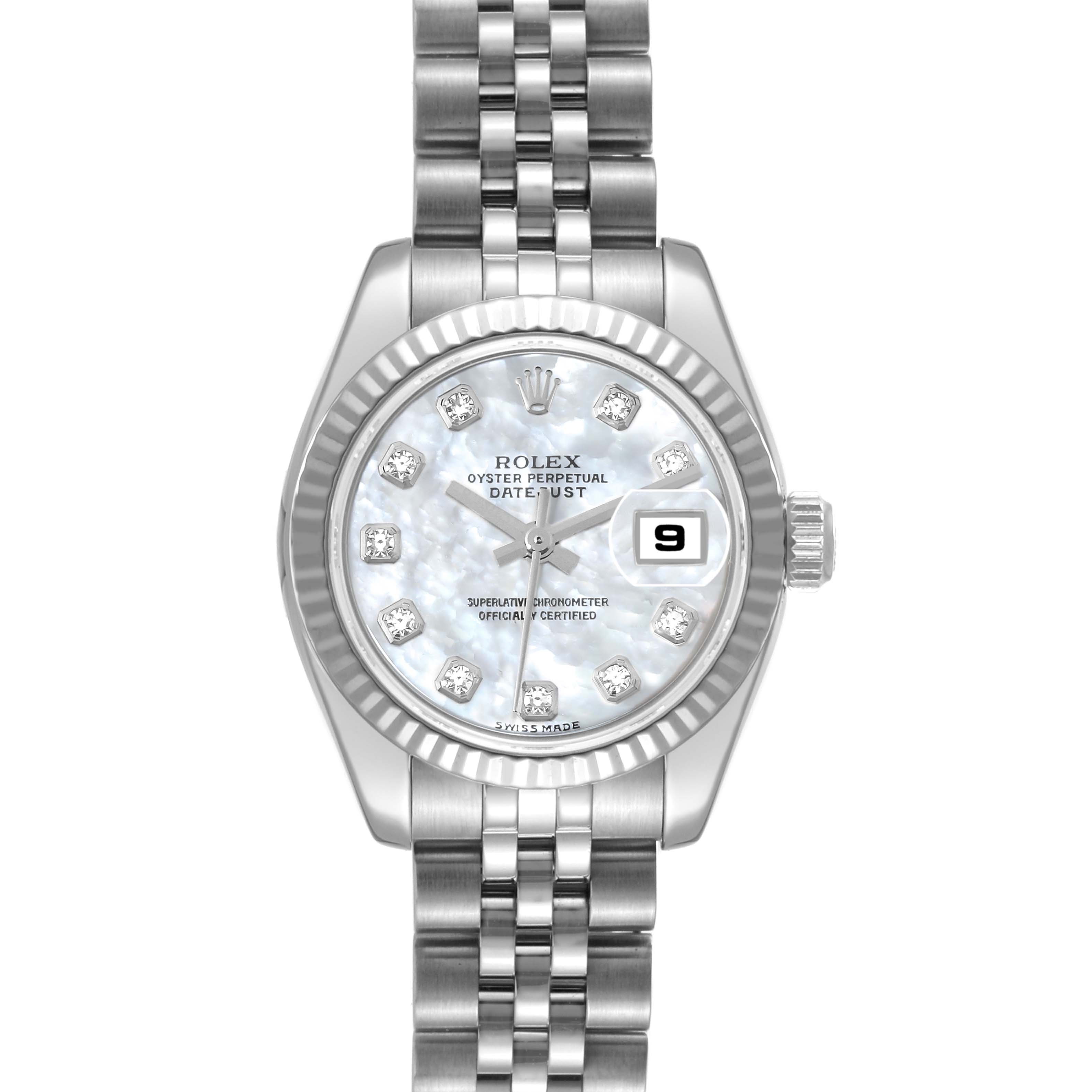 This Rolex Datejust 179174 Women's Stainless Steel Mother of Pearl Dial 179174 Women's Stainless Steel Mother of Pearl Dial watch is shown from a top-down angle, highlighting its dial, bezel, and Jubilee bracelet.