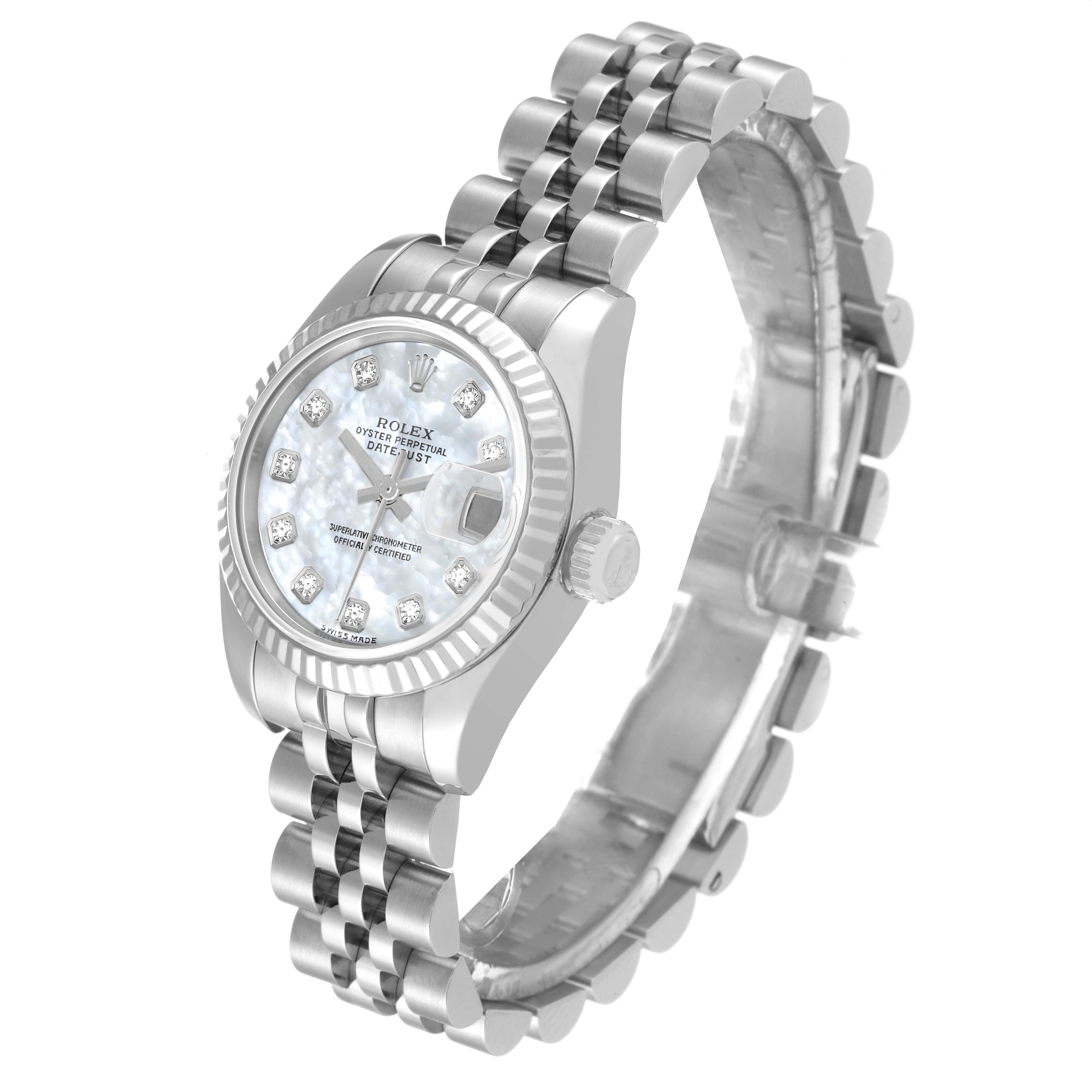The image shows a side angle of a Rolex Datejust 179174 Women's Stainless Steel Mother of Pearl Dial 179174 Women's Stainless Steel Mother of Pearl Dial watch, highlighting the dial, bezel, and partial bracelet.