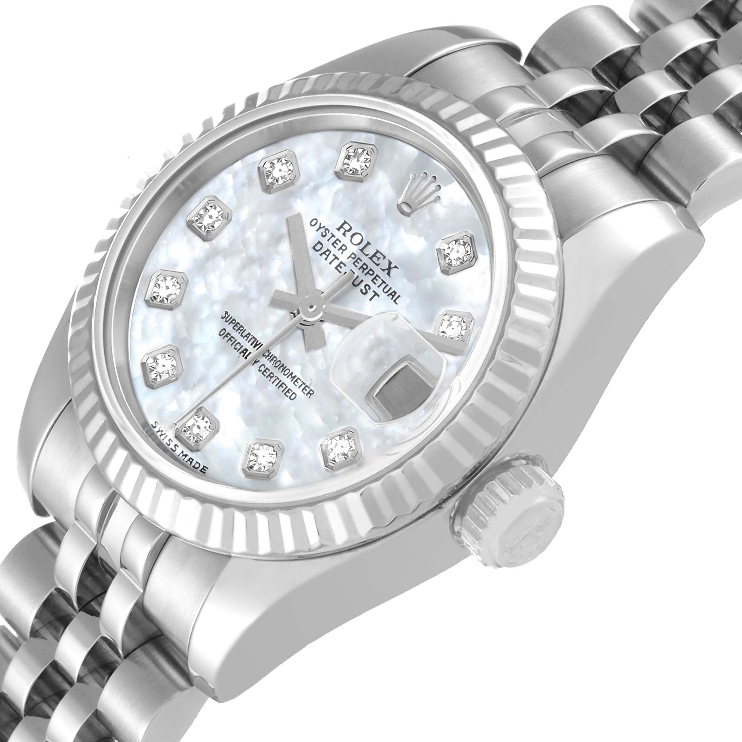 The image shows a close-up, angled view of the Rolex Datejust 179174 Women's Stainless Steel Mother of Pearl Dial 179174 Women's Stainless Steel Mother of Pearl Dial model, highlighting the dial, bezel, crown, and part of the bracelet.
