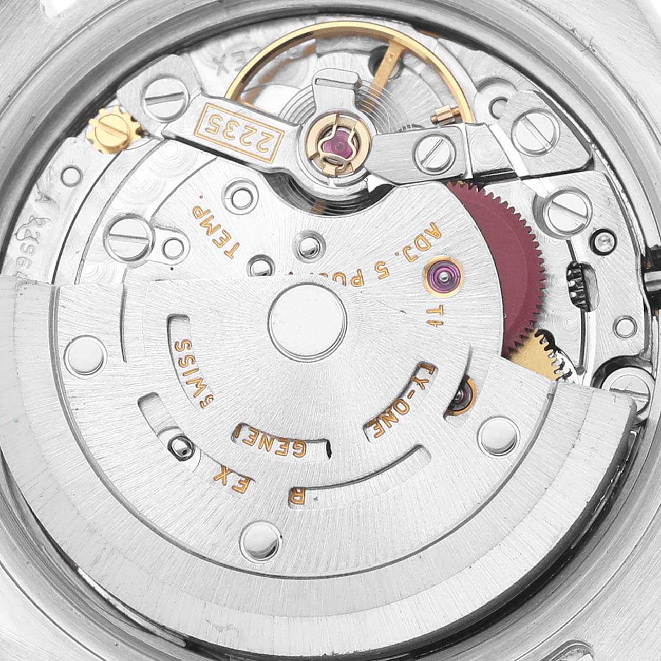 The image shows the intricate movement mechanism of the Rolex Datejust 179174 Women's Stainless Steel Mother of Pearl Dial 179174 Women's Stainless Steel Mother of Pearl Dial watch, viewed from the back.