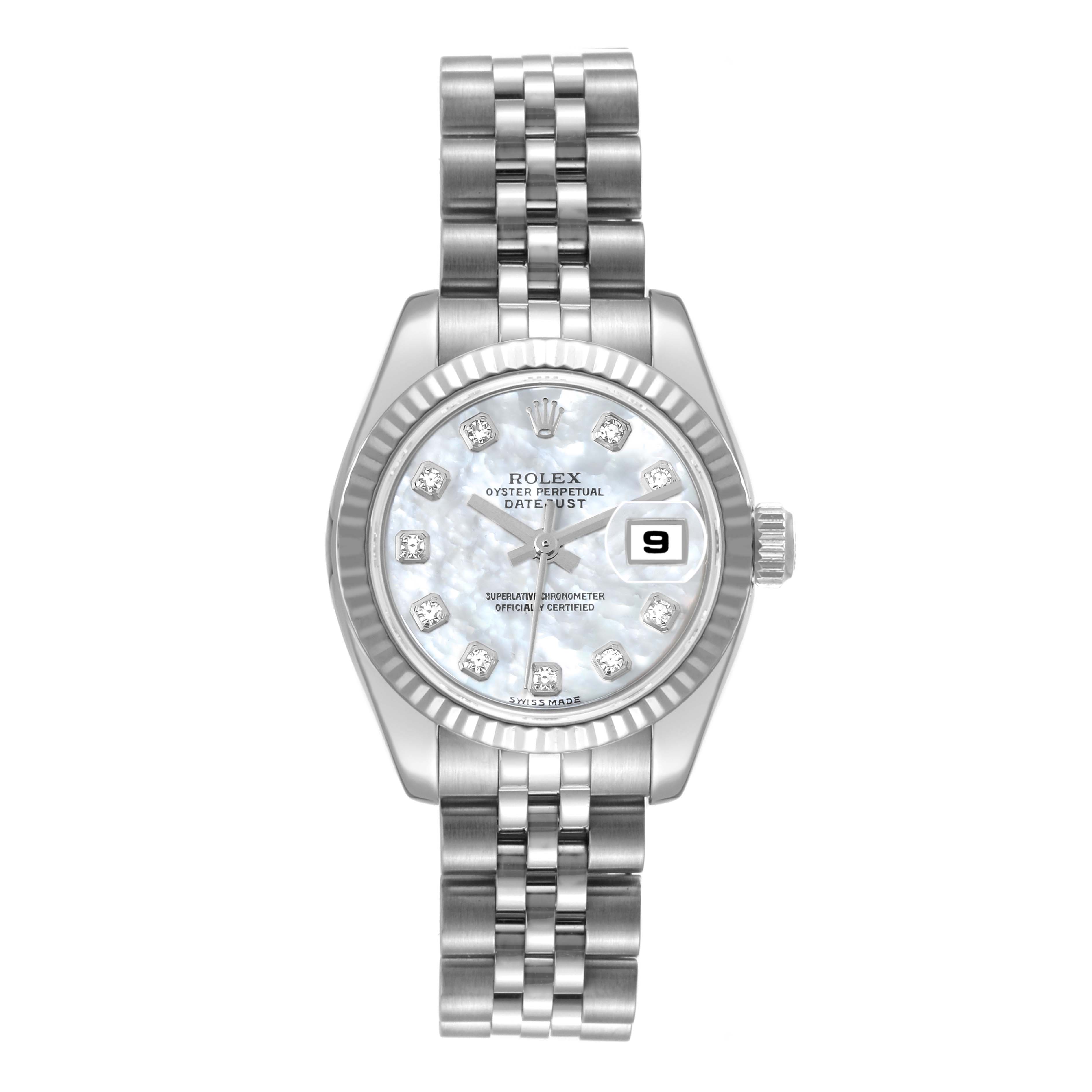 The image shows a front view of a Rolex Datejust 179174 Women's Stainless Steel Mother of Pearl Dial 179174 Women's Stainless Steel Mother of Pearl Dial watch, highlighting its dial, bezel, and bracelet.