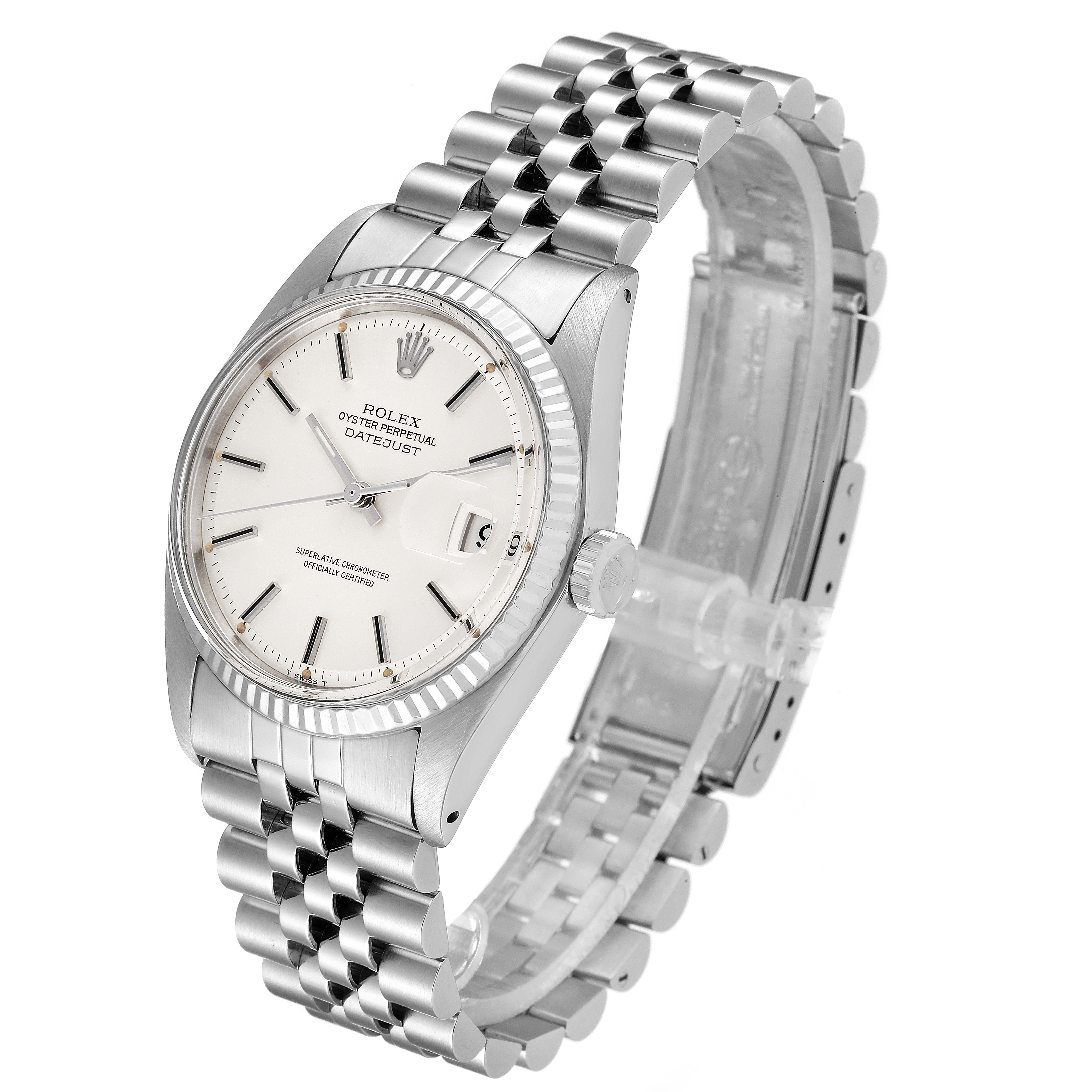 This image shows a Rolex Vintage Collection 1601 Men's Stainless Steel Silver Dial 1601 Men's Stainless Steel Silver Dial Datejust watch from a three-quarter angle, highlighting the face, crown, and band.