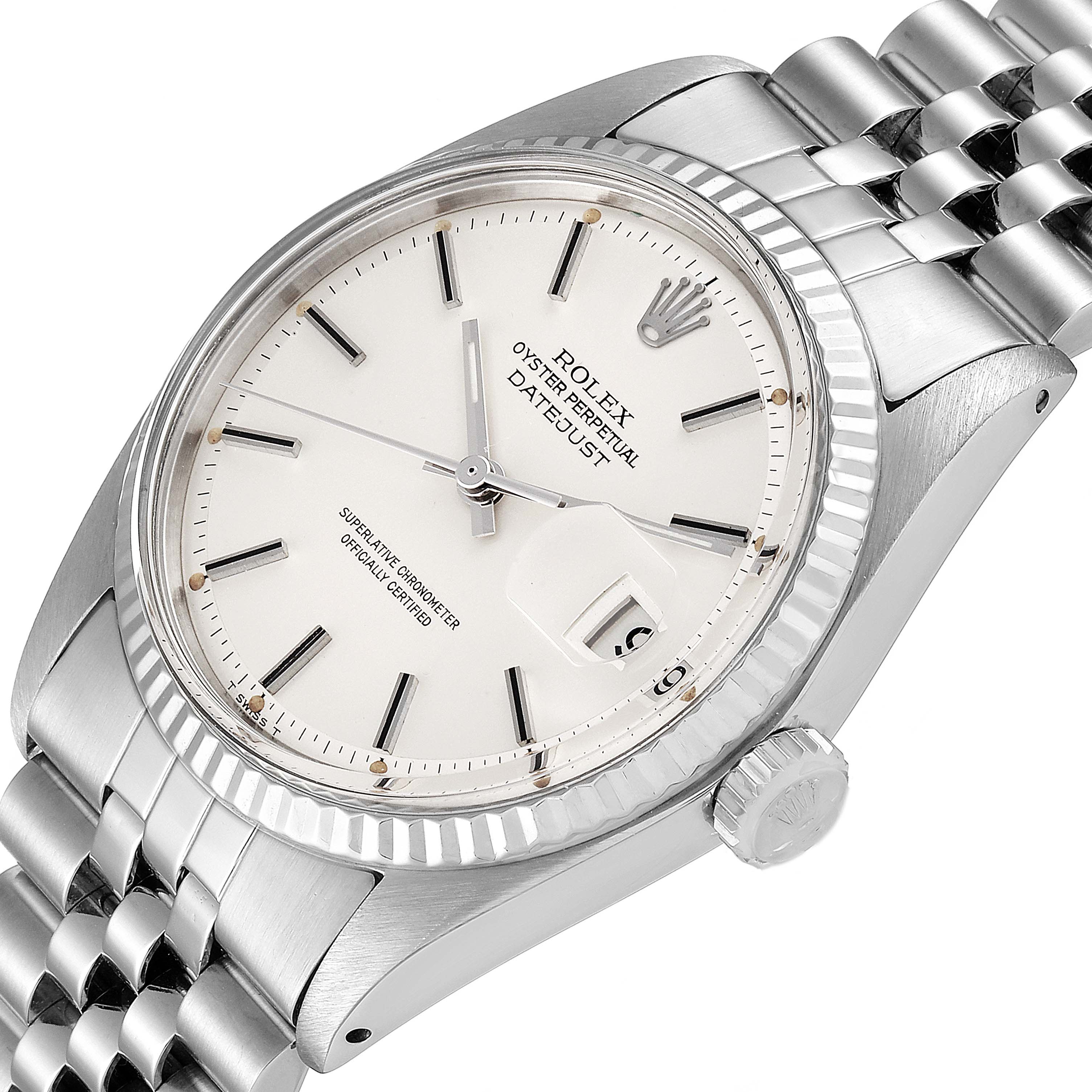 This image shows a close-up, angled view of the Rolex Vintage Collection 1601 Men's Stainless Steel Silver Dial 1601 Men's Stainless Steel Silver Dial Datejust watch, displaying the face, bezel, and part of the bracelet.