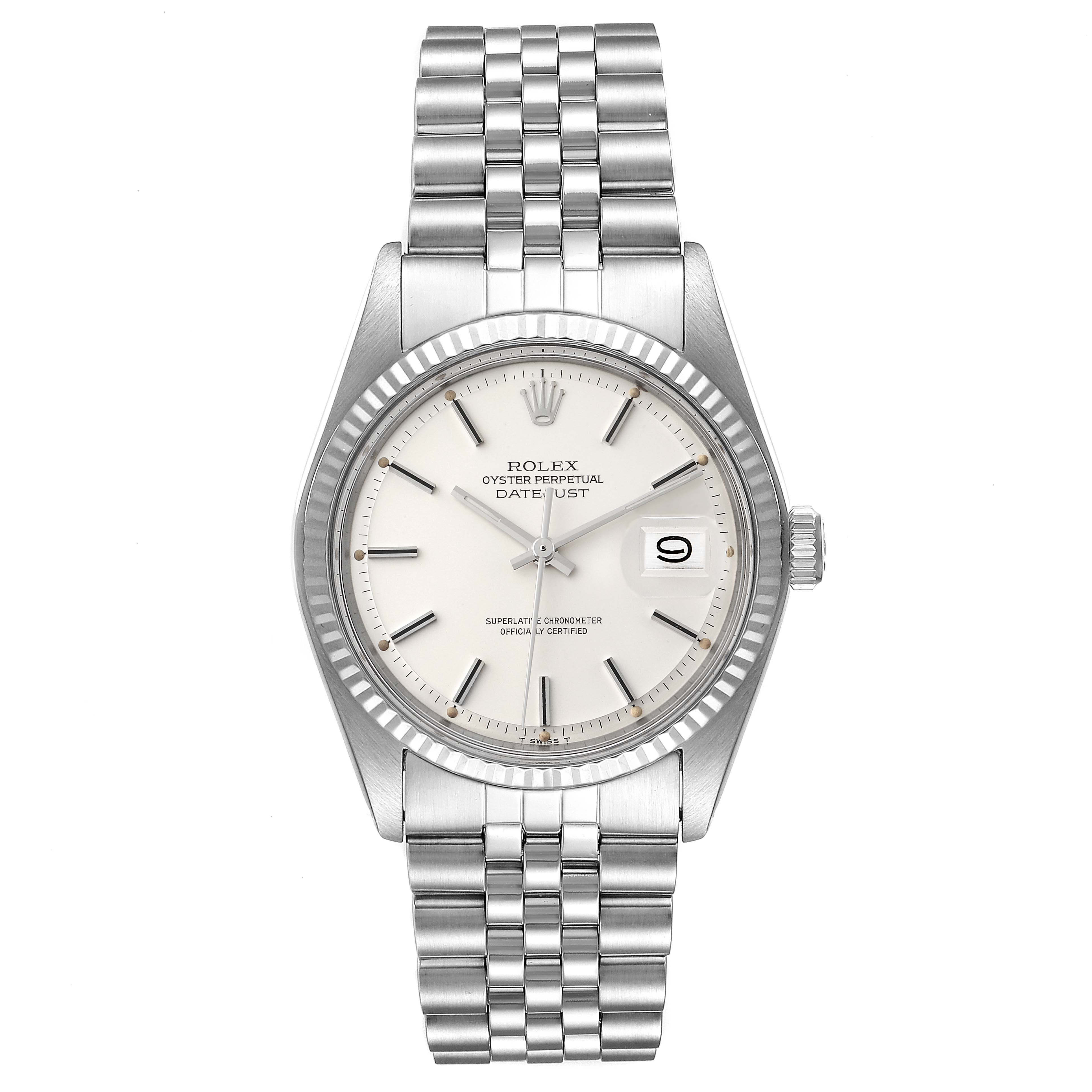 The image shows a front view of a Rolex Vintage Collection 1601 Men's Stainless Steel Silver Dial 1601 Men's Stainless Steel Silver Dial Oyster Perpetual Datejust watch, highlighting the dial, bracelet, and date window.