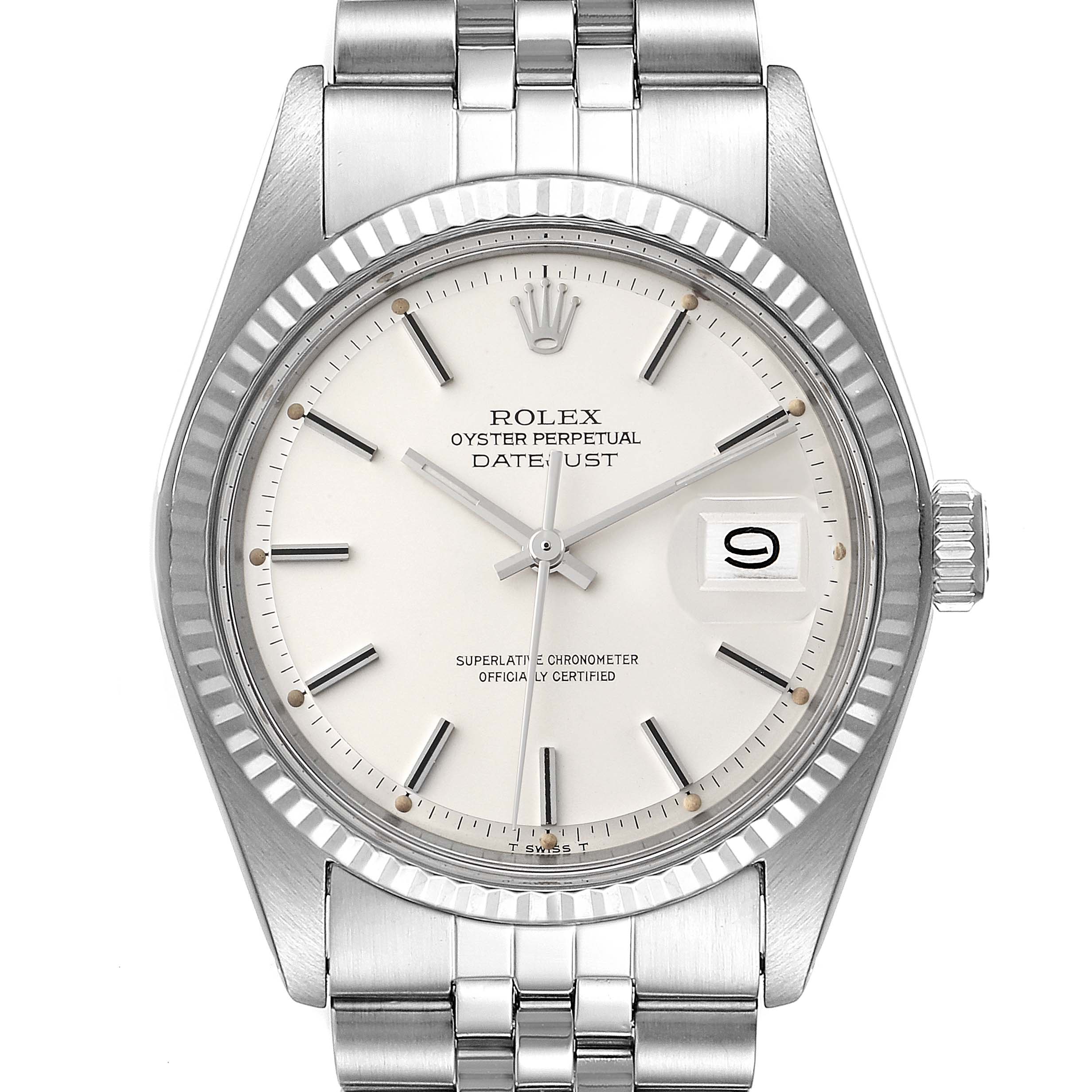 This image shows a front view of a Rolex Vintage Collection 1601 Men's Stainless Steel Silver Dial 1601 Men's Stainless Steel Silver Dial Datejust watch, showcasing its dial, bezel, bracelet, and crown.