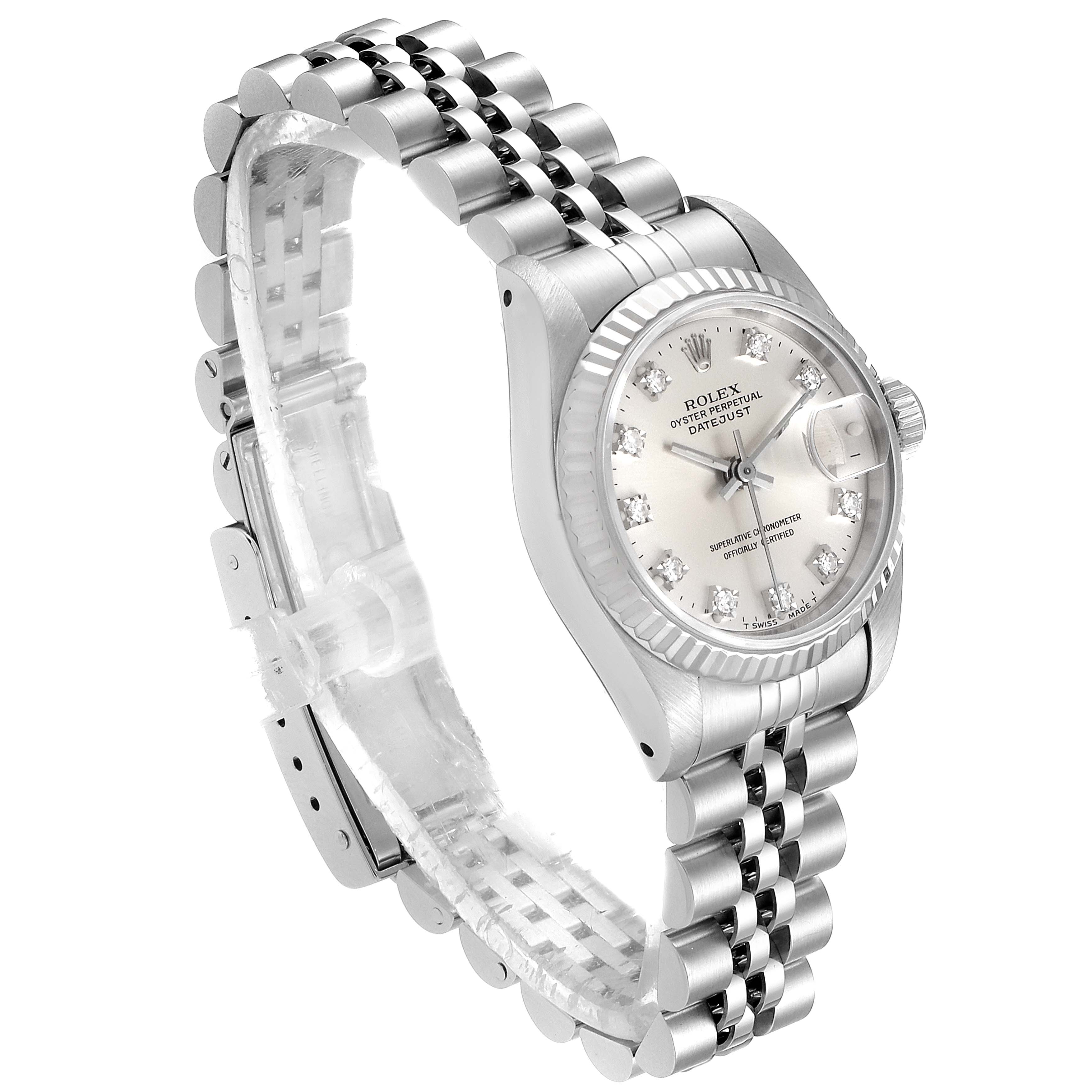 The Rolex Datejust 69174 Women's Stainless Steel Silver Dial 69174 Women's Stainless Steel Silver Dial watch is shown from a front-left angle, highlighting its bracelet, case, and dial.
