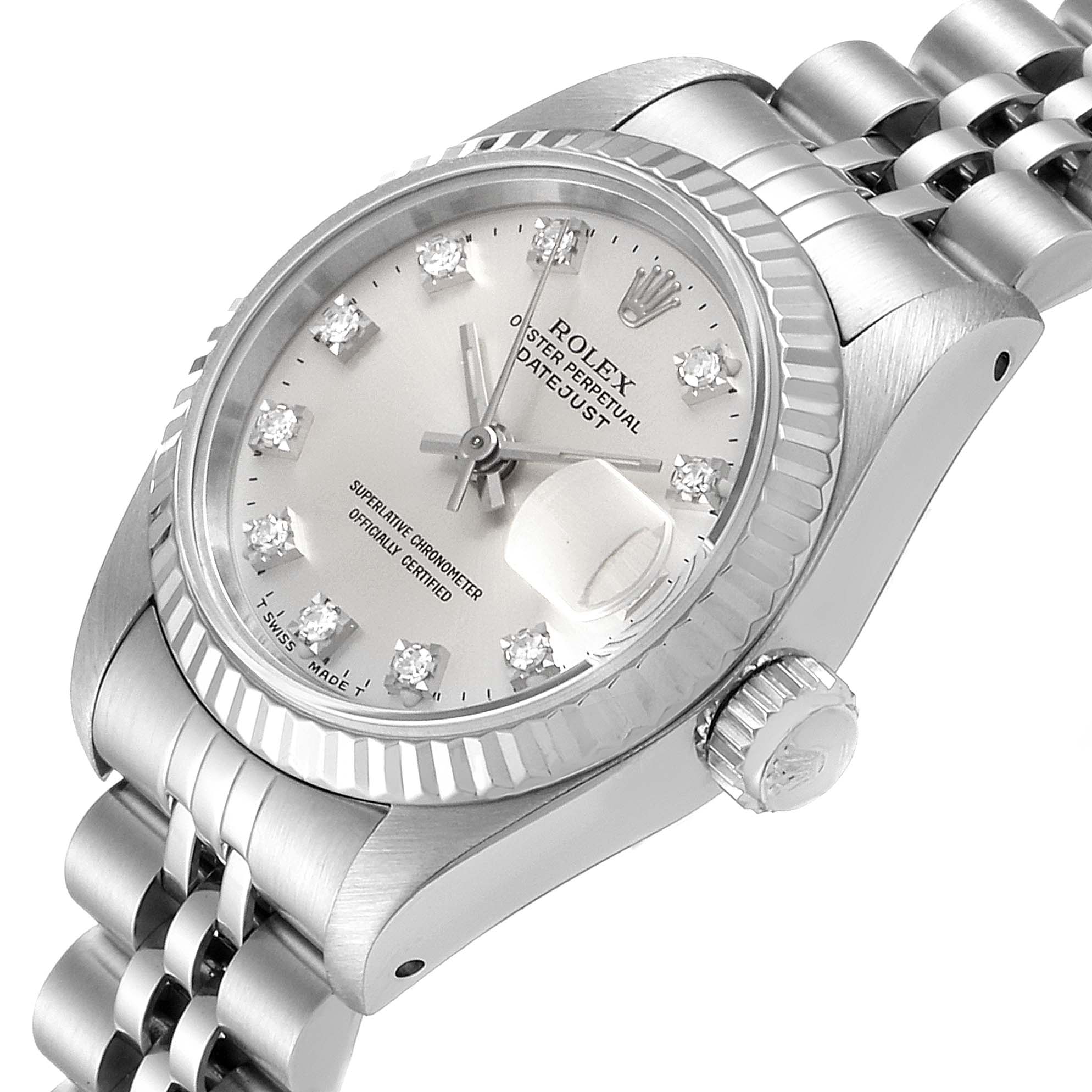 The image shows a Rolex Datejust 69174 Women's Stainless Steel Silver Dial 69174 Women's Stainless Steel Silver Dial watch at an oblique angle, highlighting its dial, bezel, crown, and bracelet.
