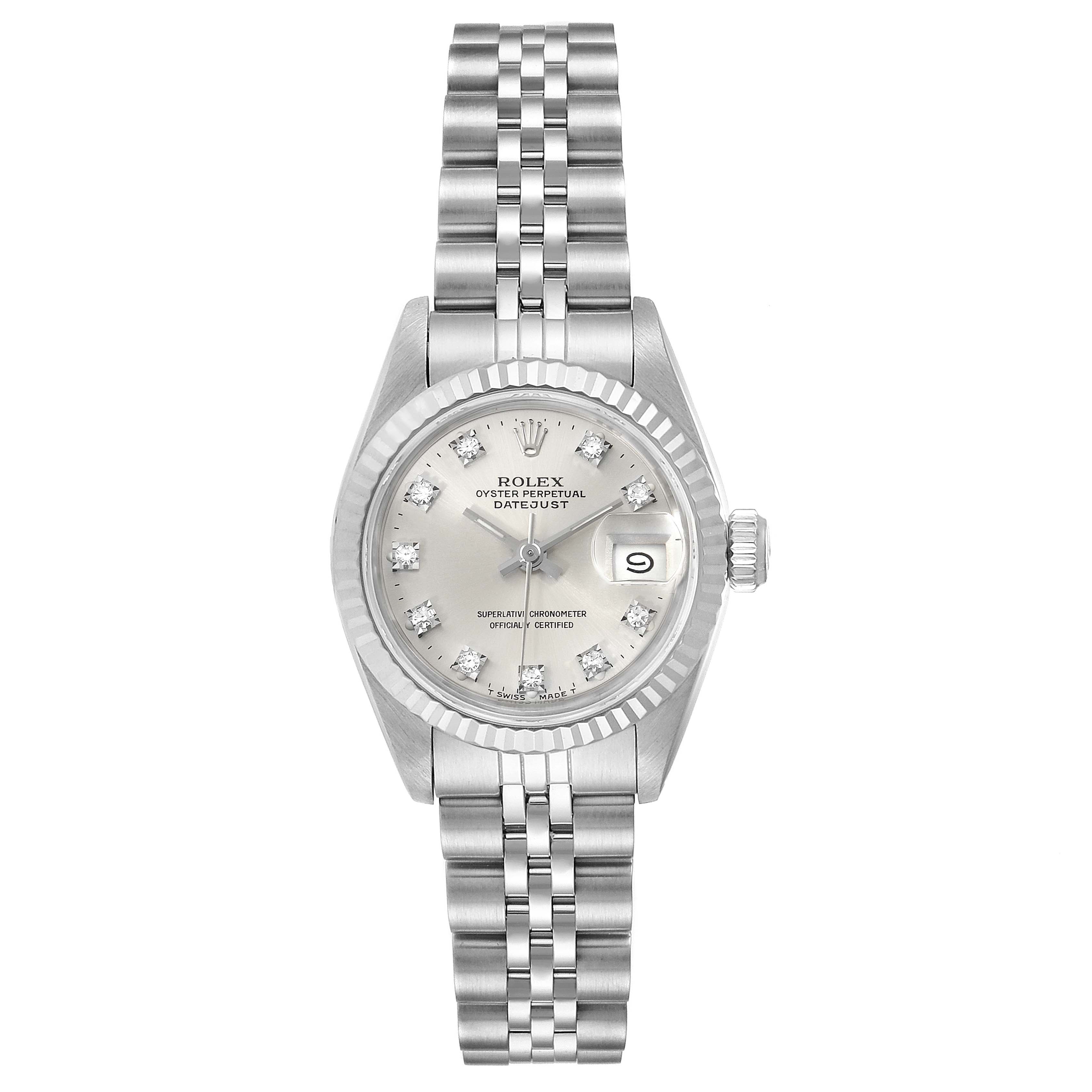 This image shows a Rolex Datejust 69174 Women's Stainless Steel Silver Dial 69174 Women's Stainless Steel Silver Dial watch from a top-down angle, highlighting the dial, bezel, and bracelet.