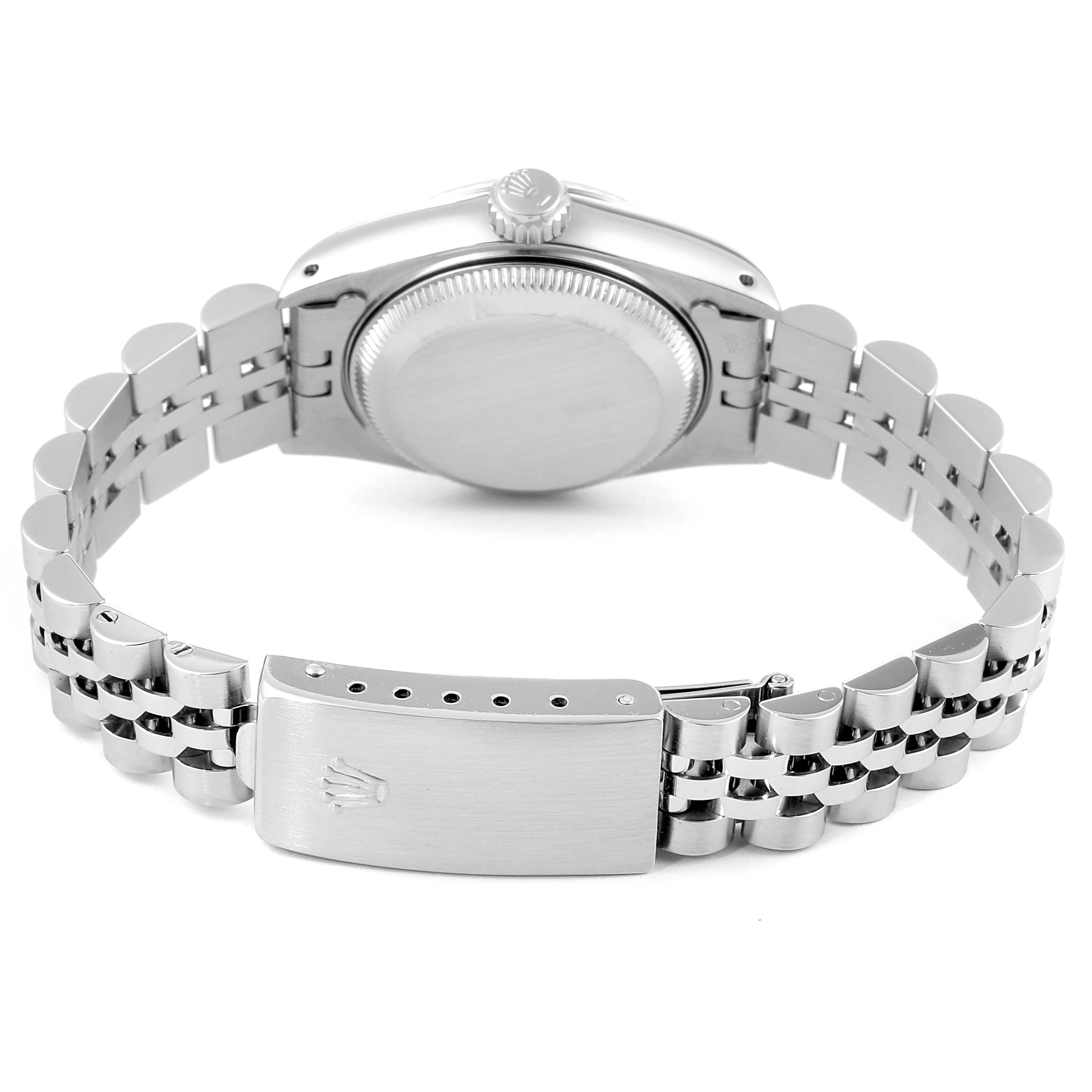 This image shows the backside of a Rolex Datejust 69174 Women's Stainless Steel Silver Dial 69174 Women's Stainless Steel Silver Dial, highlighting the case back and the Jubilee bracelet with the clasp.