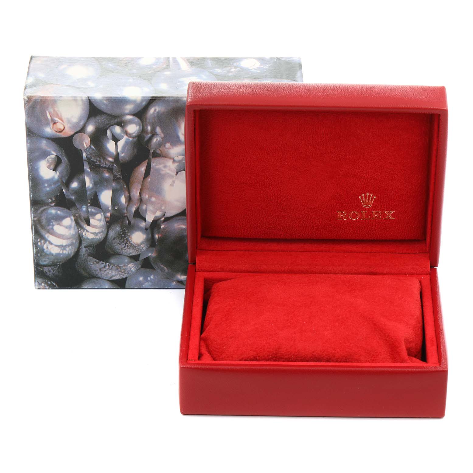 The image shows a red Rolex Datejust 69174 Women's Stainless Steel Silver Dial 69174 Women's Stainless Steel Silver Dial watch box from a front angle, alongside a decorative outer box.