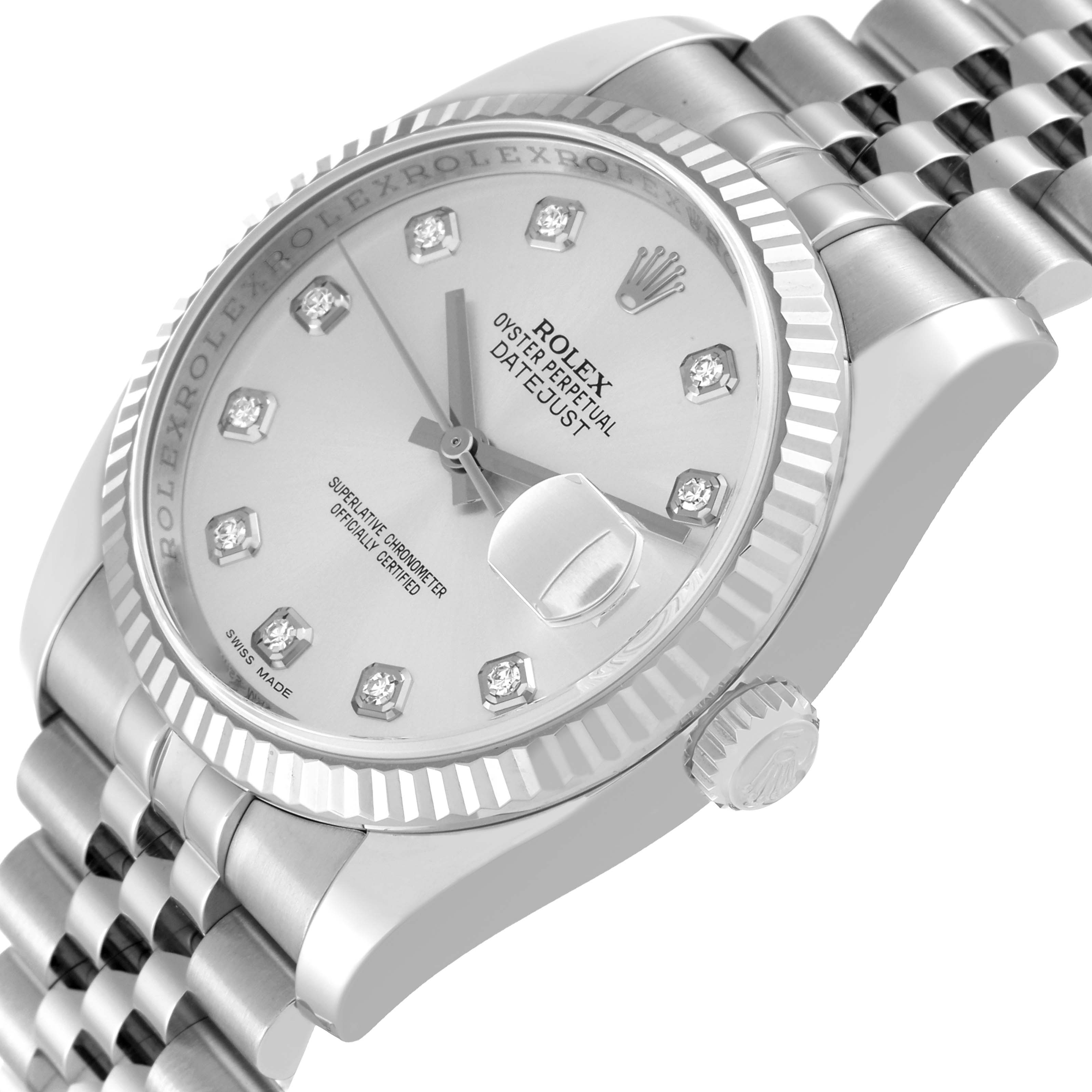 The image shows a close-up angle of the dial, bezel, and part of the bracelet of a Rolex Datejust 116234 Men's Stainless Steel Silver Dial 116234 Men's Stainless Steel Silver Dial watch.