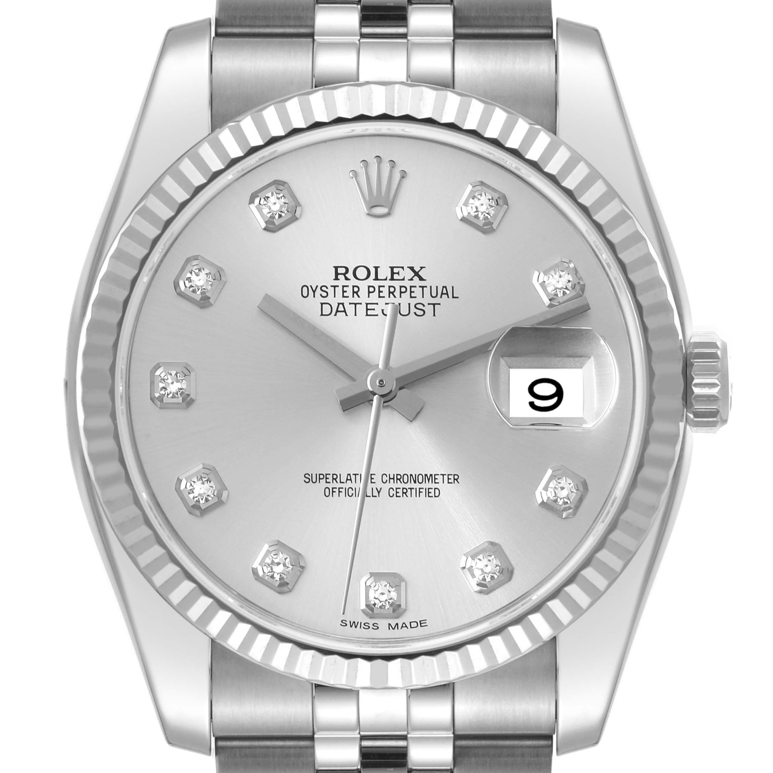 This image shows a front view of the Rolex Datejust 116234 Men's Stainless Steel Silver Dial 116234 Men's Stainless Steel Silver Dial watch face, displaying the dial, bezel, crown, and part of the bracelet.