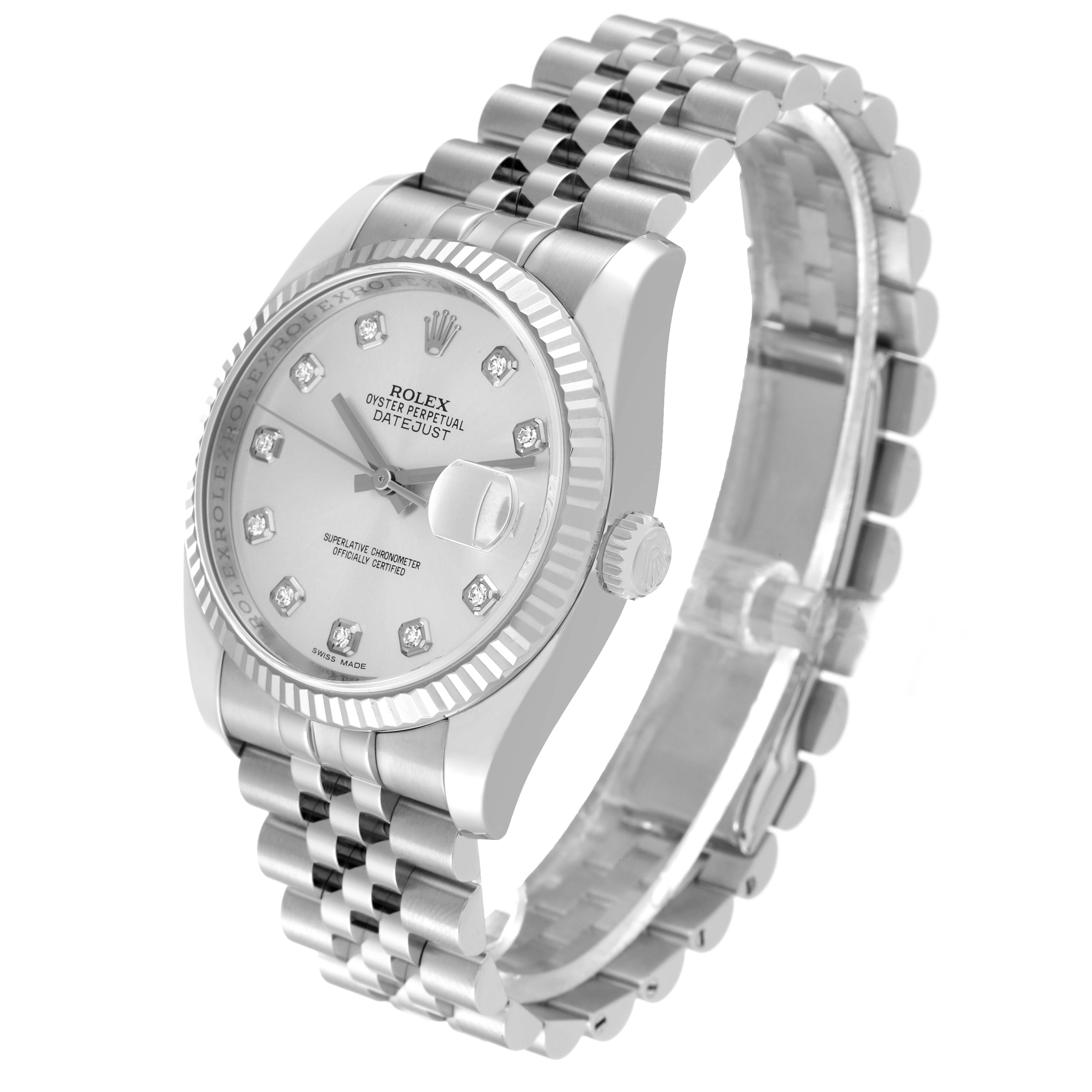 This image shows a Rolex Datejust 116234 Men's Stainless Steel Silver Dial 116234 Men's Stainless Steel Silver Dial watch at a three-quarter angle, highlighting the face and bracelet.