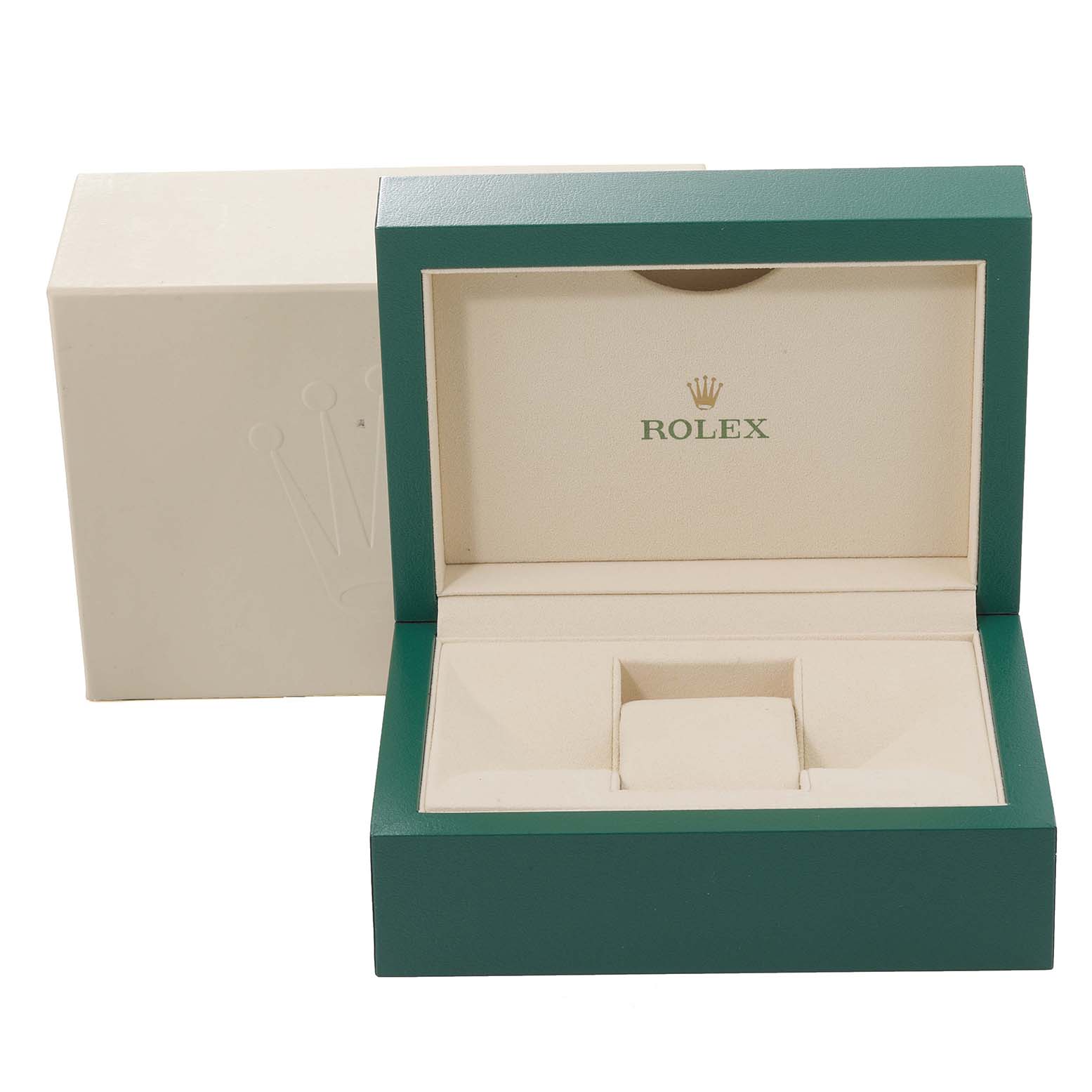 The image shows an open Rolex Datejust 116234 Men's Stainless Steel Silver Dial 116234 Men's Stainless Steel Silver Dial watch box with a white interior and green exterior, alongside its outer packaging.