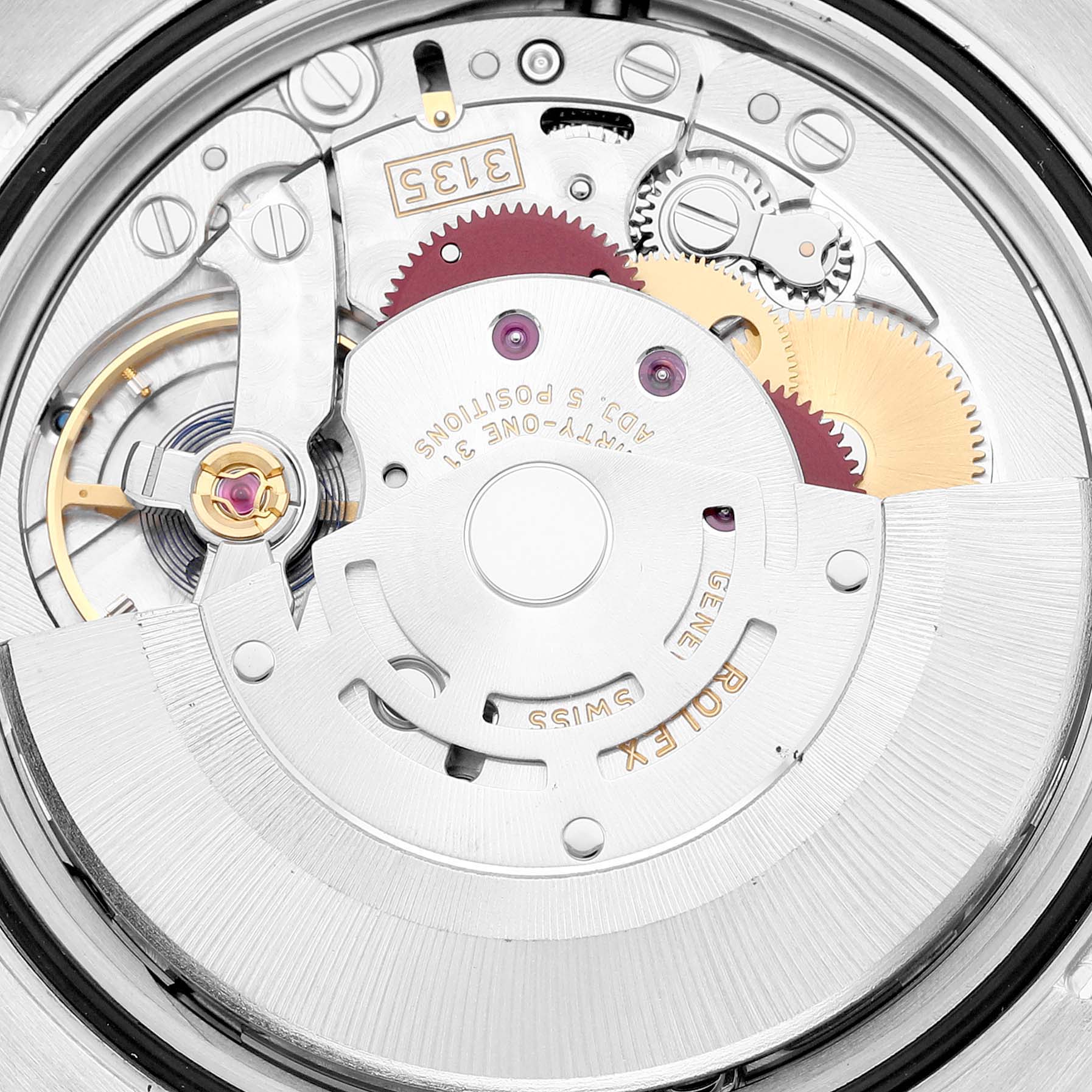 This image shows a close-up view of the movement mechanism of a Rolex Datejust 116234 Men's Stainless Steel Silver Dial 116234 Men's Stainless Steel Silver Dial watch.