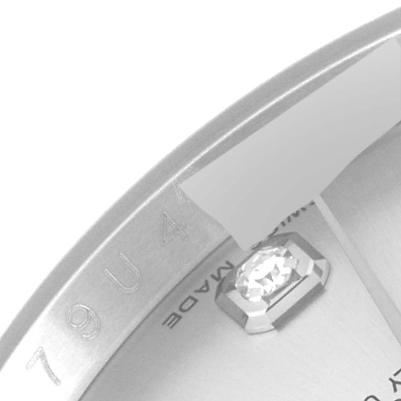 This image shows a close-up angle of the dial and bezel with a diamond marker of a Rolex Datejust 116234 Men's Stainless Steel Silver Dial 116234 Men's Stainless Steel Silver Dial watch.
