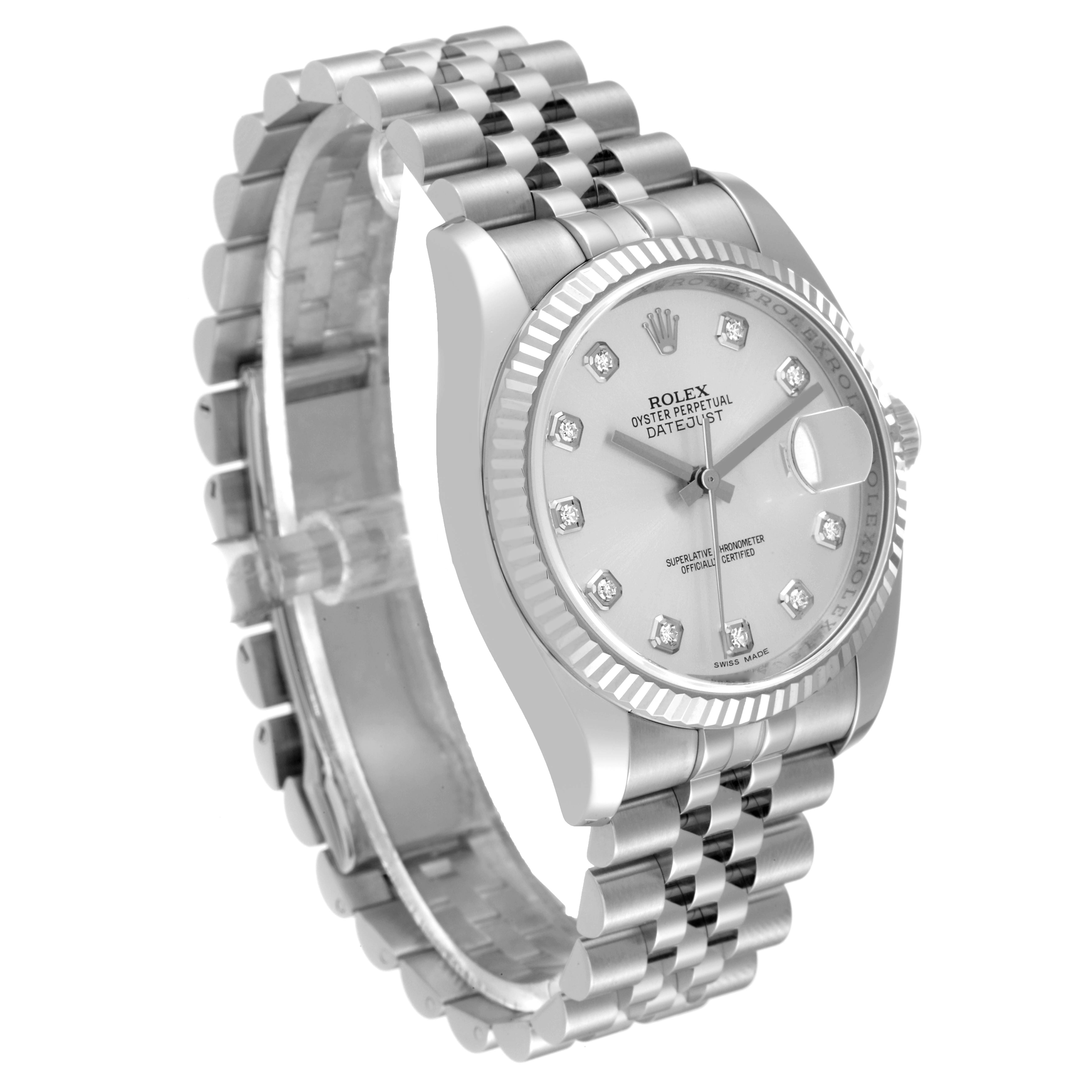 This image shows a Rolex Datejust 116234 Men's Stainless Steel Silver Dial 116234 Men's Stainless Steel Silver Dial watch at a three-quarter angle, highlighting the face, bezel, and bracelet.