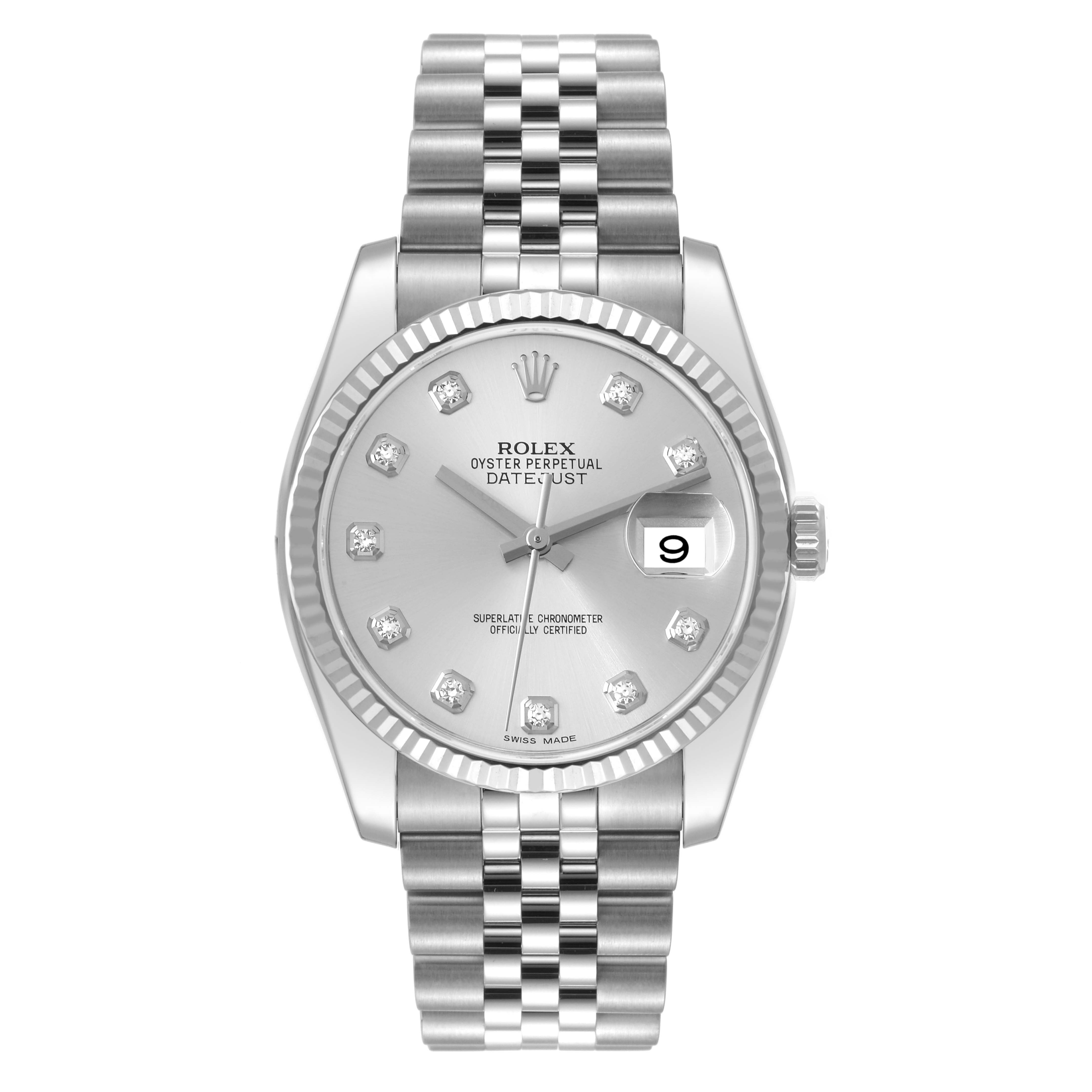 This image shows a front view of a Rolex Datejust 116234 Men's Stainless Steel Silver Dial 116234 Men's Stainless Steel Silver Dial watch, featuring its silver dial, date display, and stainless steel bracelet.