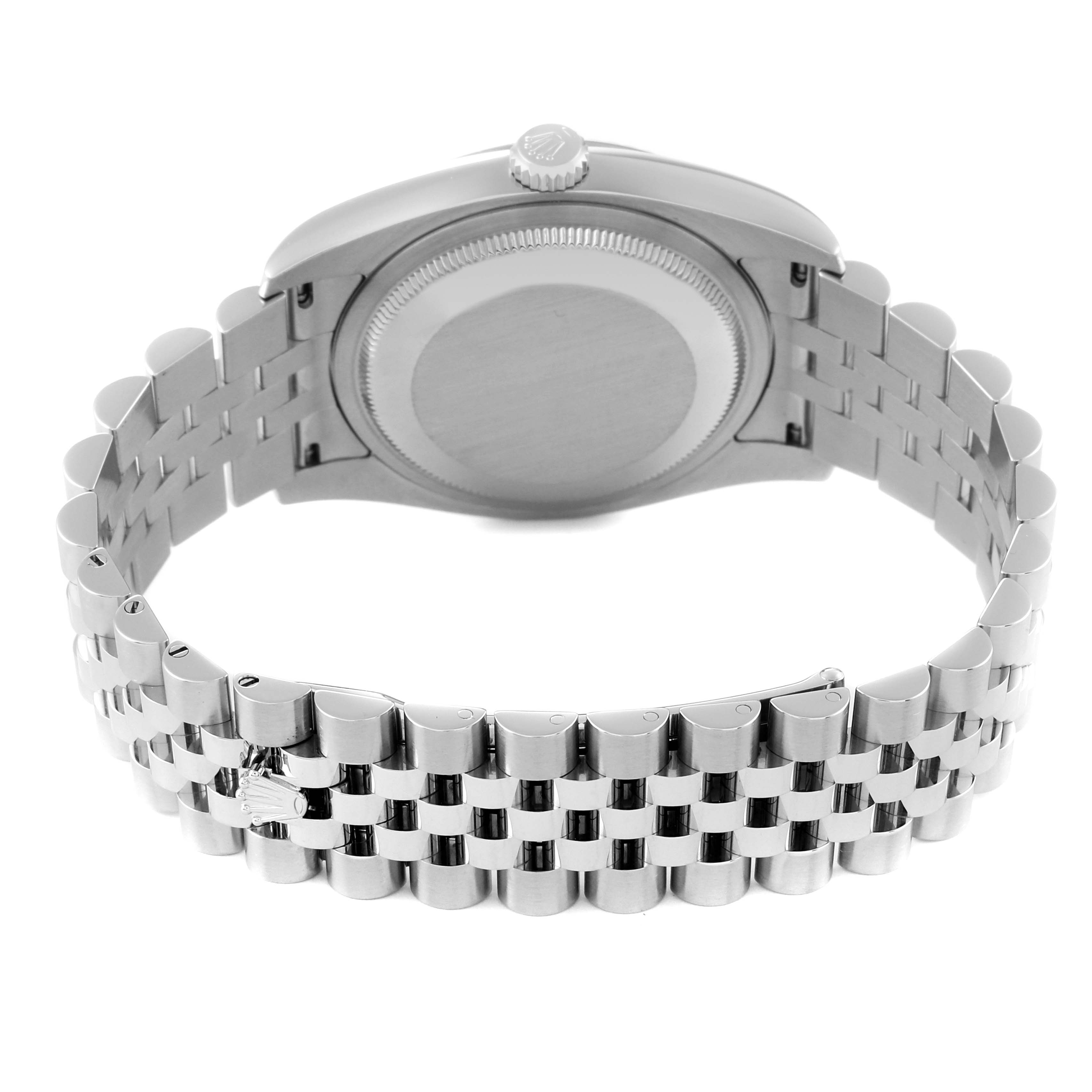 This image displays the back view of a Rolex Datejust 116234 Men's Stainless Steel Silver Dial 116234 Men's Stainless Steel Silver Dial watch, showcasing its case back and Jubilee bracelet.