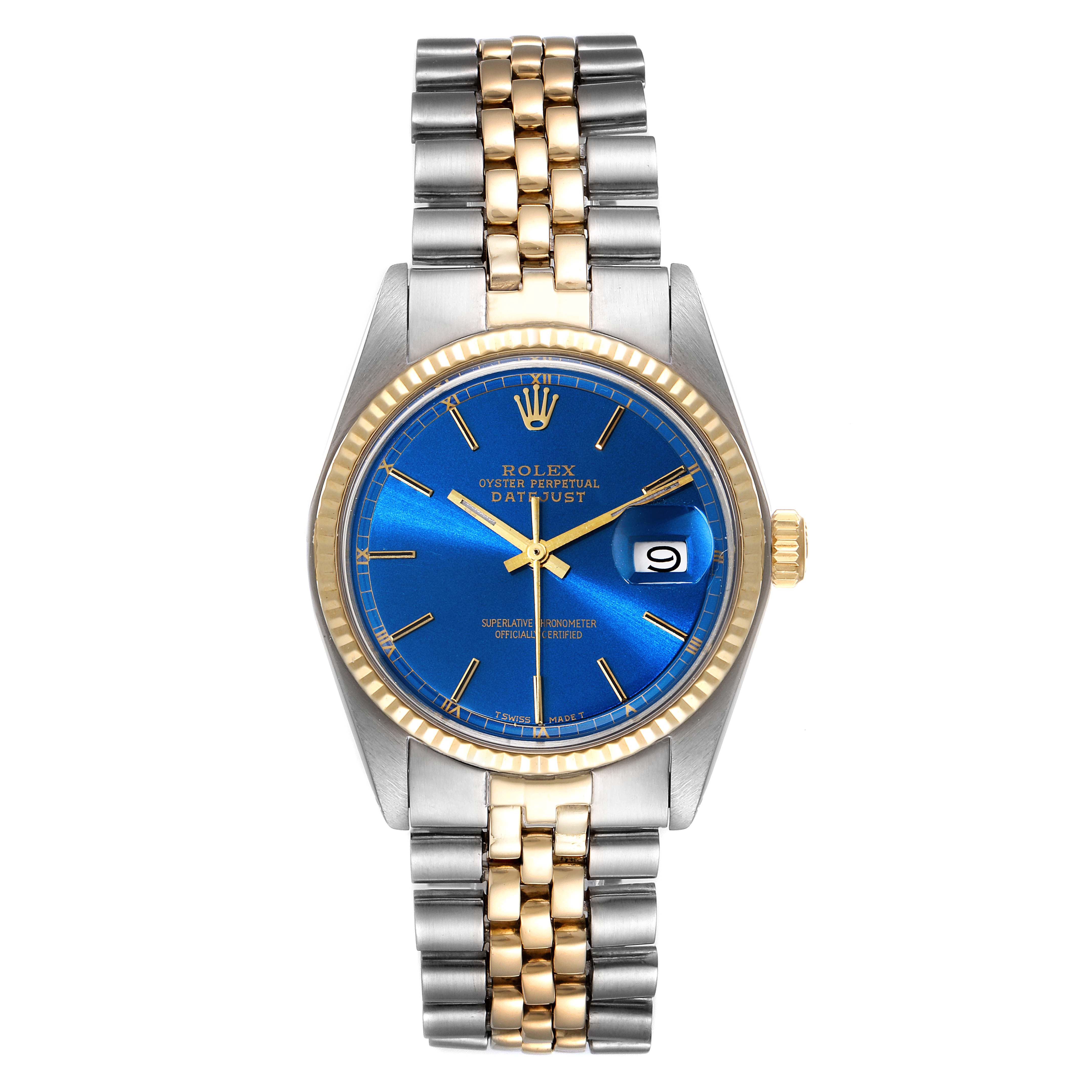 This image shows a front view of the Rolex Vintage Collection 1601 Men's Steel and Gold (two tone) Blue Dial 1601 Men's Steel and Gold (two tone) Blue Dial model watch, featuring a blue dial, date display, and two-tone band.
