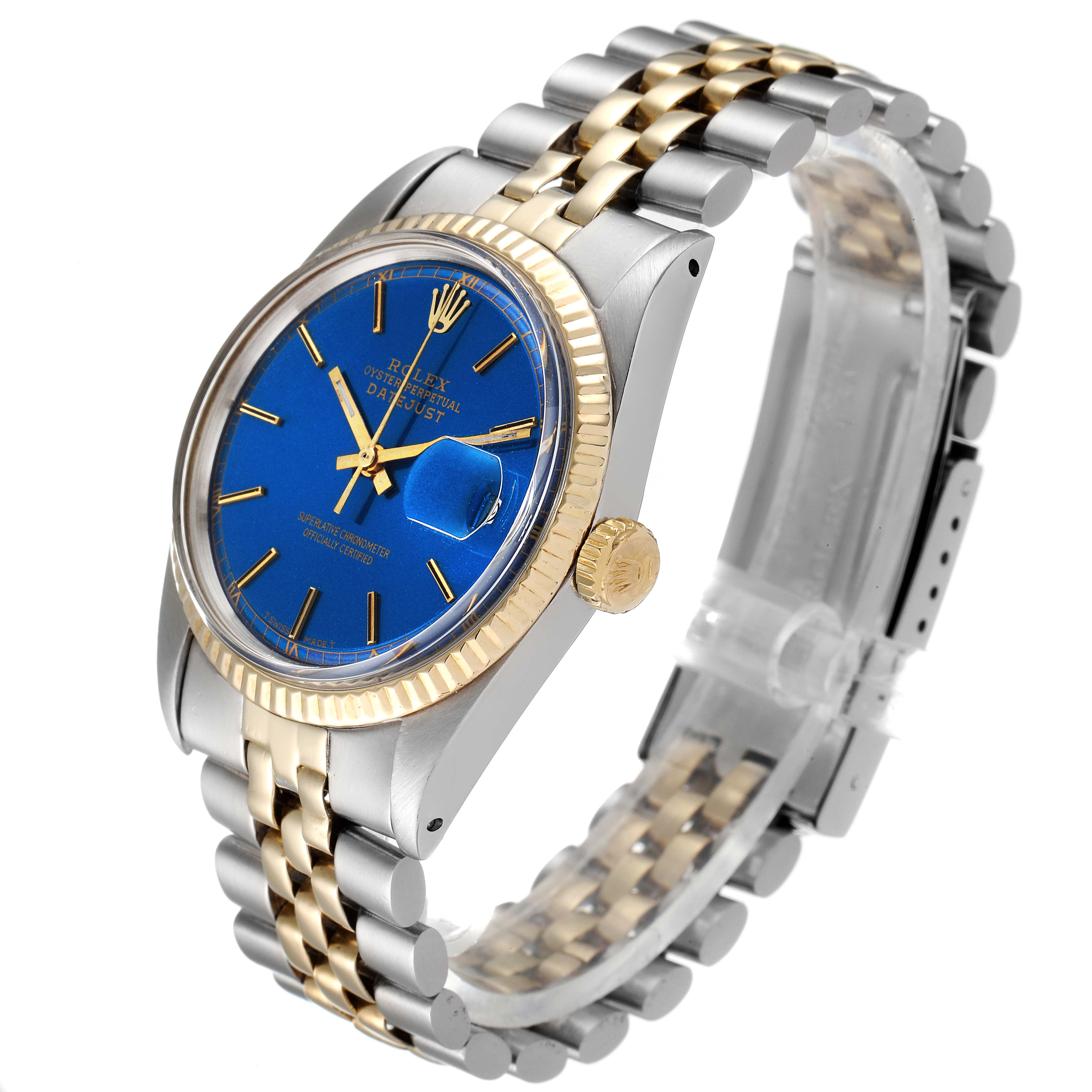 The Rolex Vintage Collection 1601 Men's Steel and Gold (two tone) Blue Dial 1601 Men's Steel and Gold (two tone) Blue Dial watch is shown at a slight three-quarter angle, displaying its blue dial, gold crown, and two-tone bracelet.