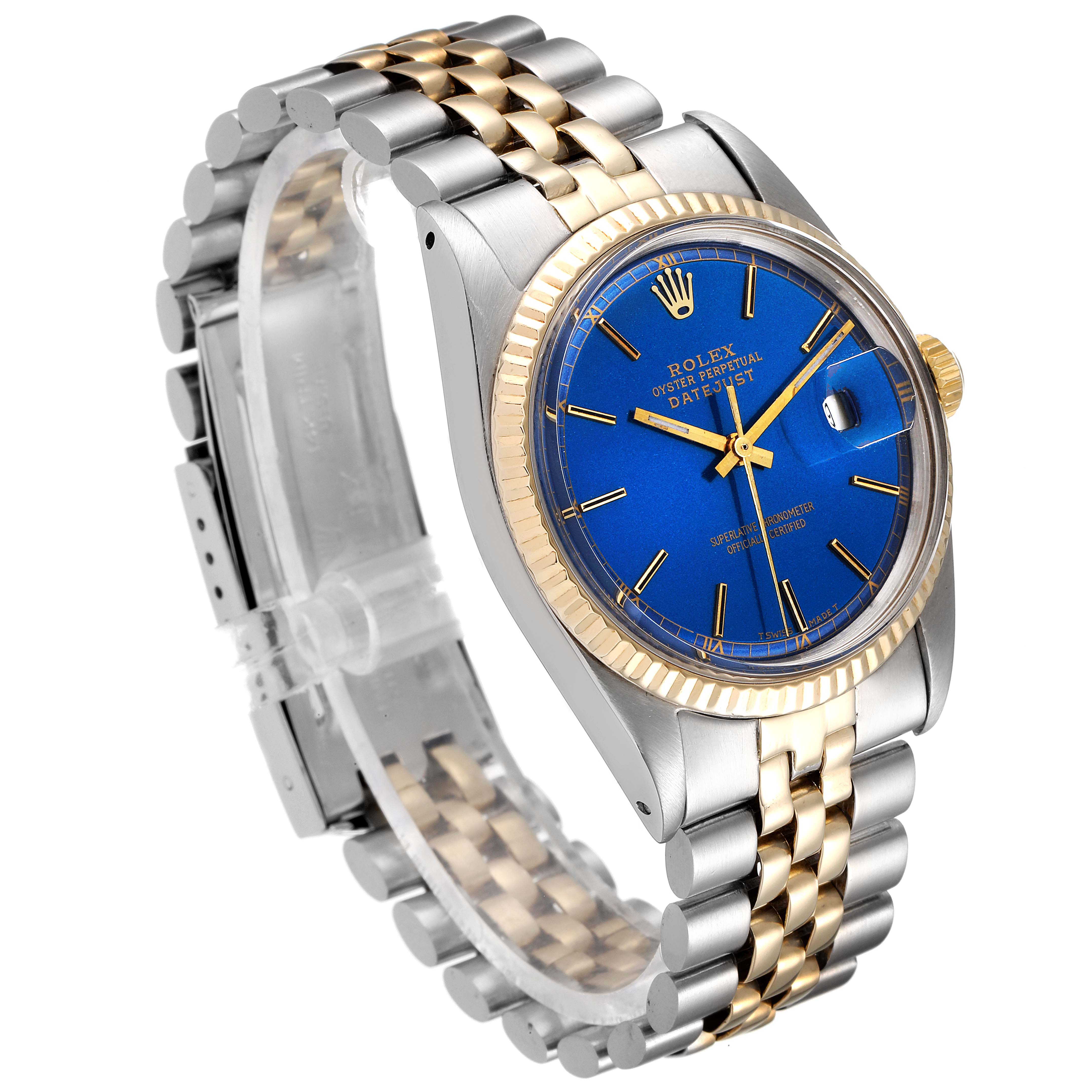 The Rolex Vintage Collection 1601 Men's Steel and Gold (two tone) Blue Dial 1601 Men's Steel and Gold (two tone) Blue Dial model is shown at a three-quarter angle, displaying the blue dial, gold bezel, and two-tone bracelet.