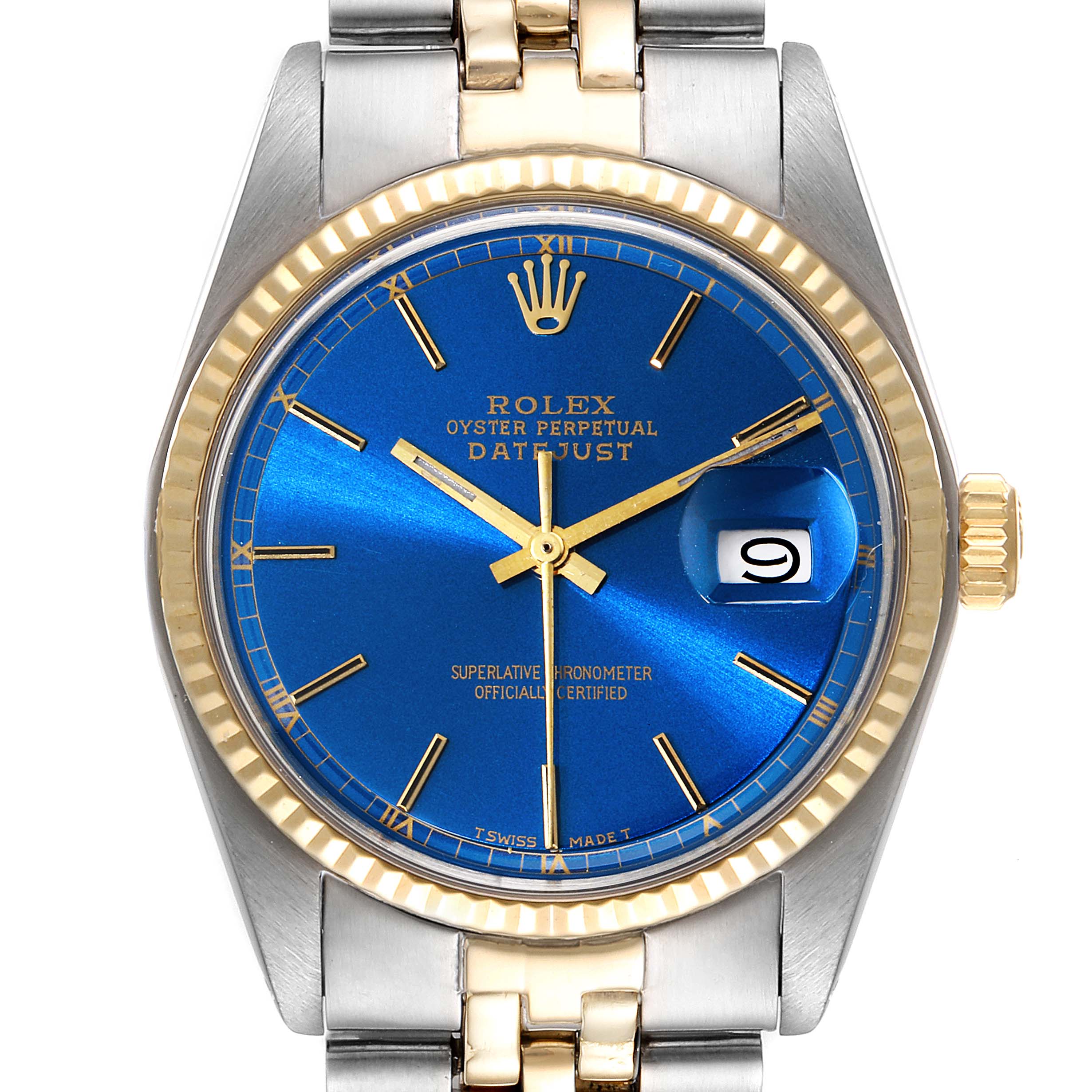 The image shows a Rolex Vintage Collection 1601 Men's Steel and Gold (two tone) Blue Dial 1601 Men's Steel and Gold (two tone) Blue Dial Oyster Perpetual Datejust watch face and partial two-tone band at a front-facing angle.