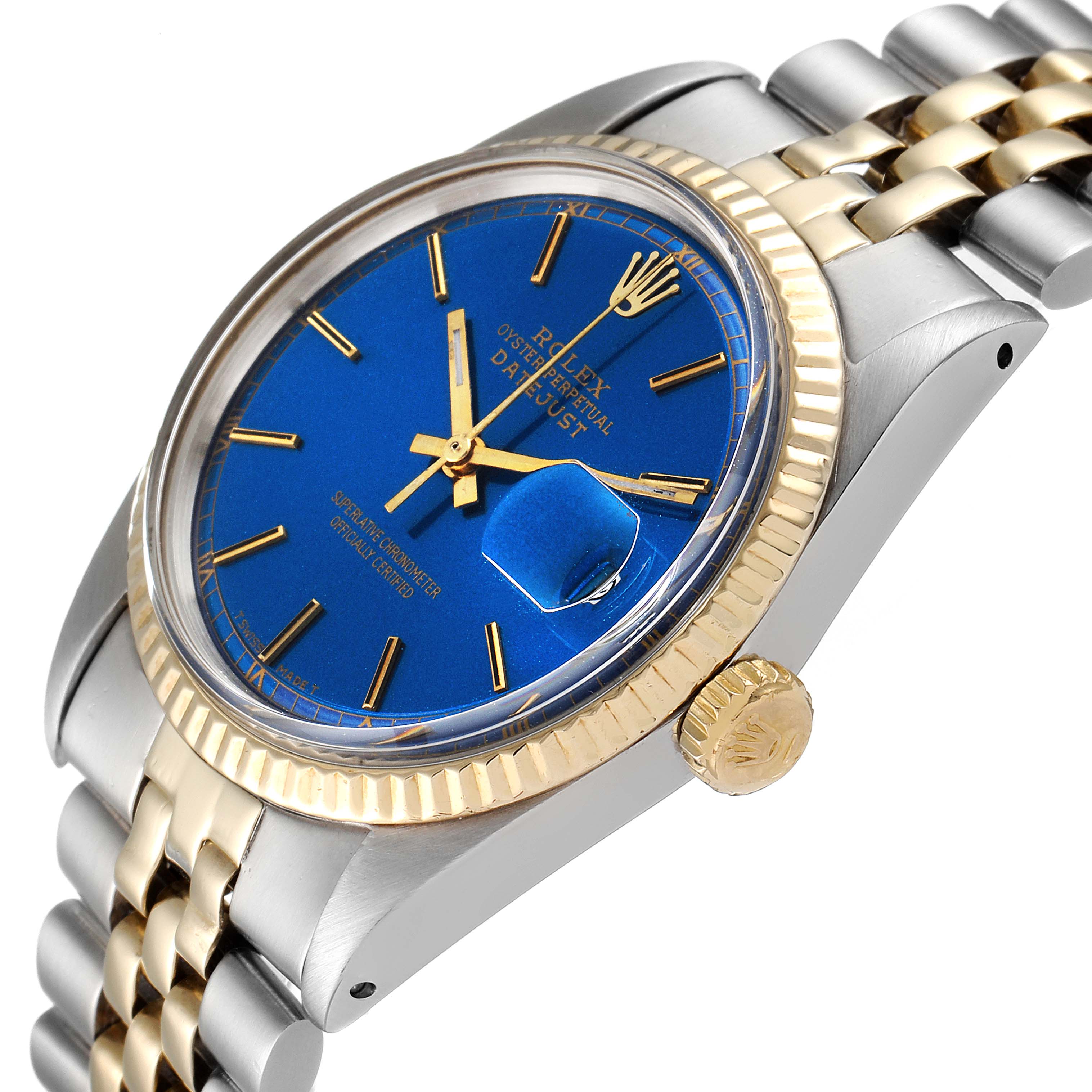 The Rolex Vintage Collection 1601 Men's Steel and Gold (two tone) Blue Dial 1601 Men's Steel and Gold (two tone) Blue Dial watch is shown at a slight angle highlighting its blue dial, fluted bezel, and two-tone bracelet.