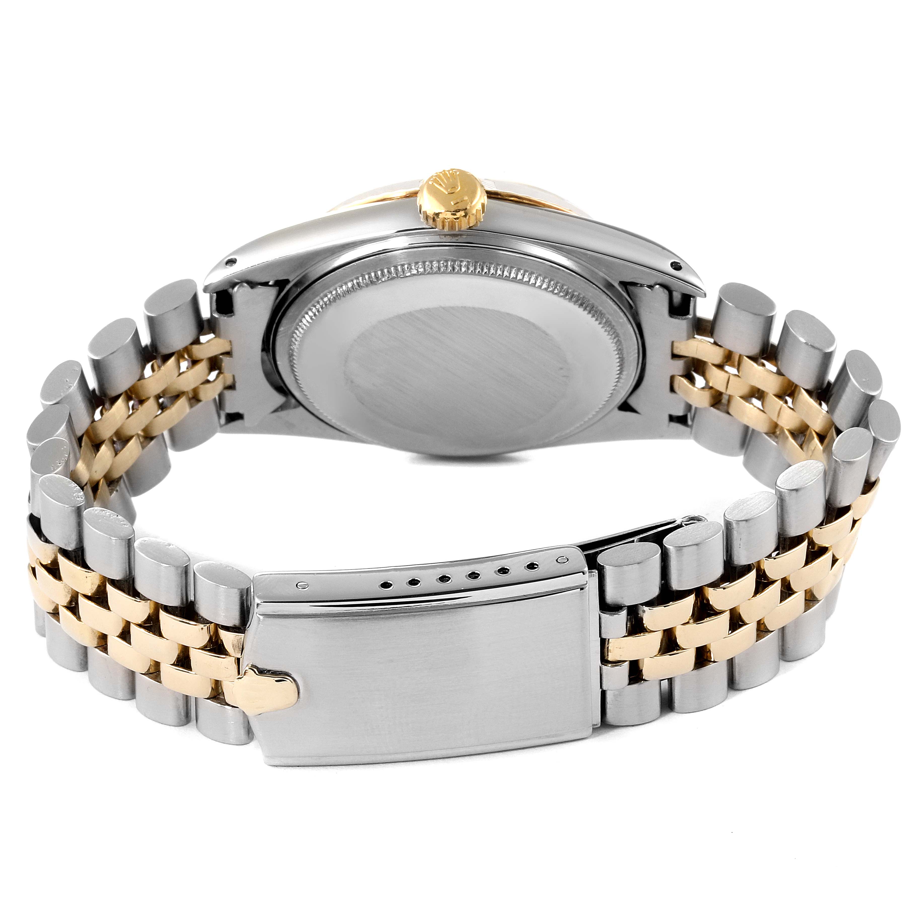 The image shows the back view of a Rolex Vintage Collection 1601 Men's Steel and Gold (two tone) Blue Dial 1601 Men's Steel and Gold (two tone) Blue Dial watch, highlighting its case back, crown, and two-tone bracelet.