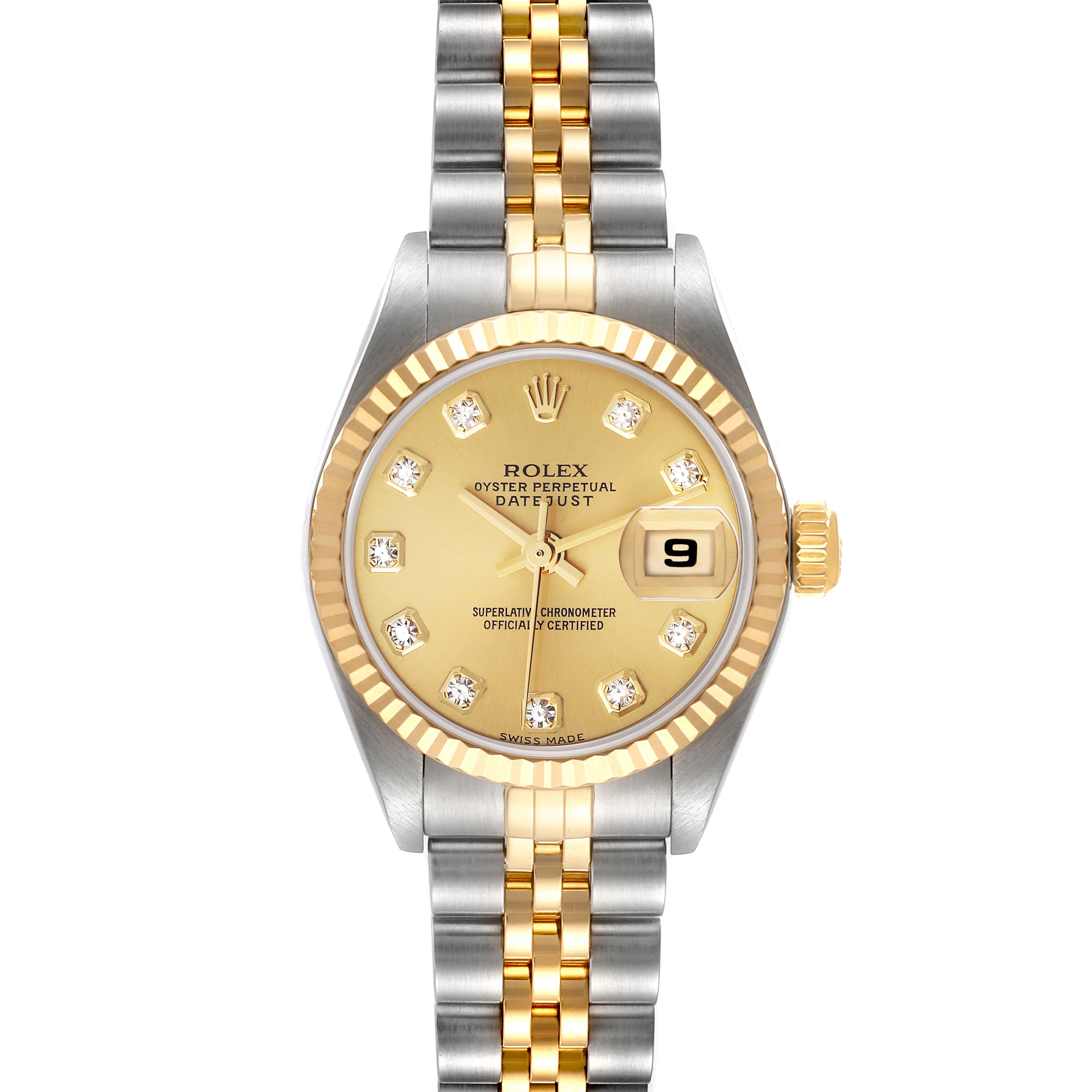 The Rolex Datejust 79173 Women's Steel and Gold (two tone) Champagne Dial 79173 Women's Steel and Gold (two tone) Champagne Dial watch is shown from a front-facing angle, displaying its dial, bezel, crown, and two-tone bracelet.