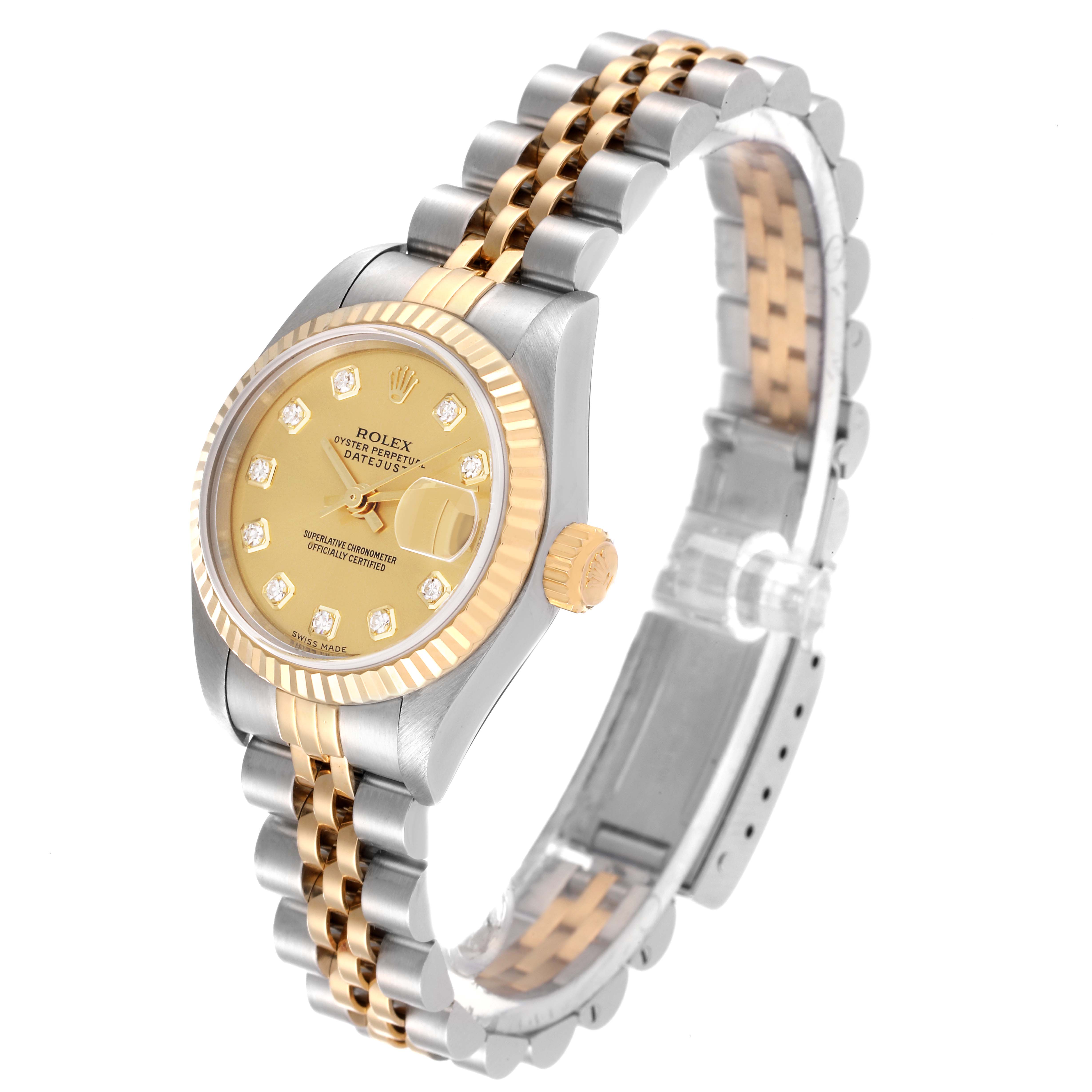 The Rolex Datejust 79173 Women's Steel and Gold (two tone) Champagne Dial 79173 Women's Steel and Gold (two tone) Champagne Dial watch is shown at a three-quarter angle, highlighting the dial, bezel, crown, and two-tone bracelet.