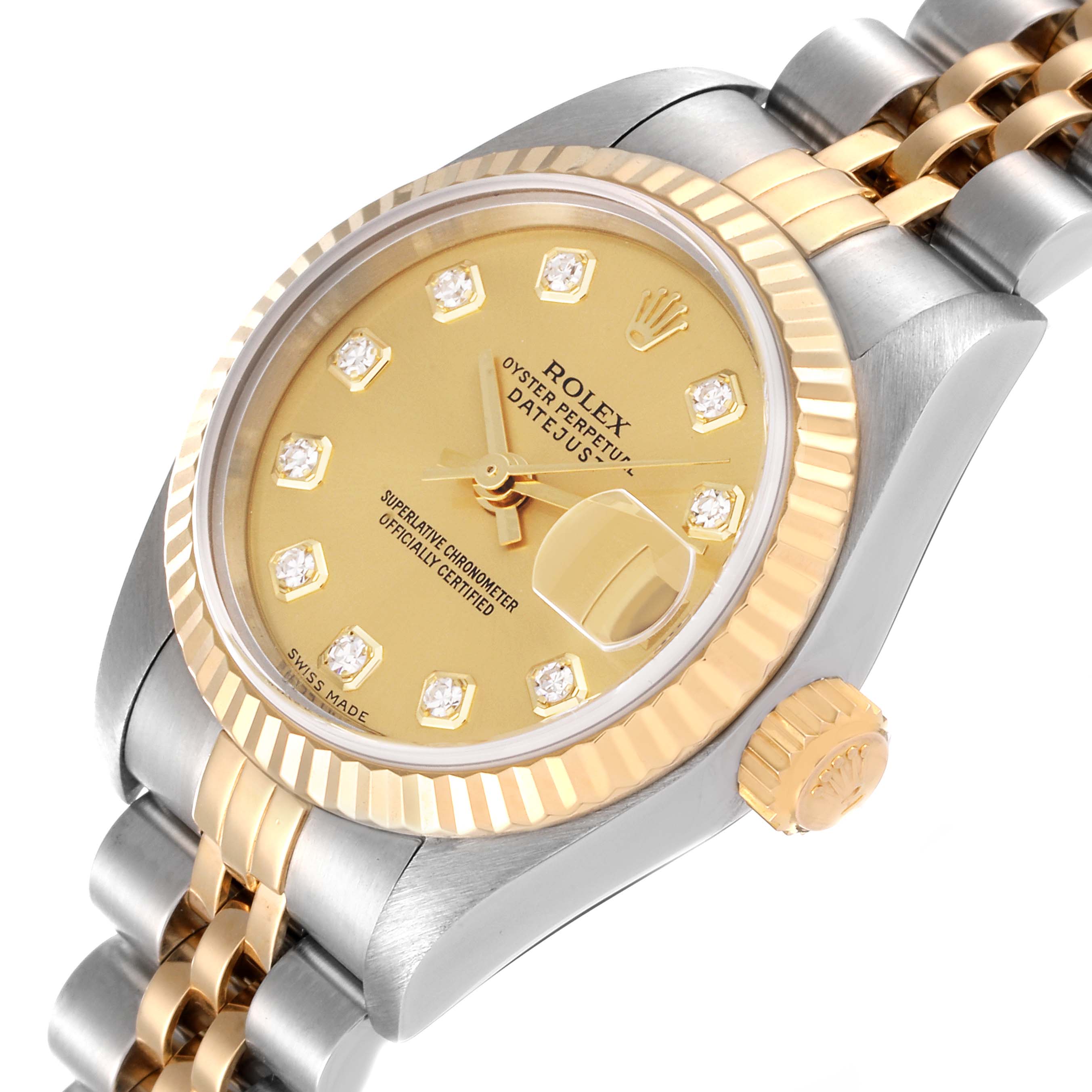 The image shows a close-up of a Rolex Datejust 79173 Women's Steel and Gold (two tone) Champagne Dial 79173 Women's Steel and Gold (two tone) Champagne Dial watch at a diagonal angle, highlighting the dial, crown, and bracelet.