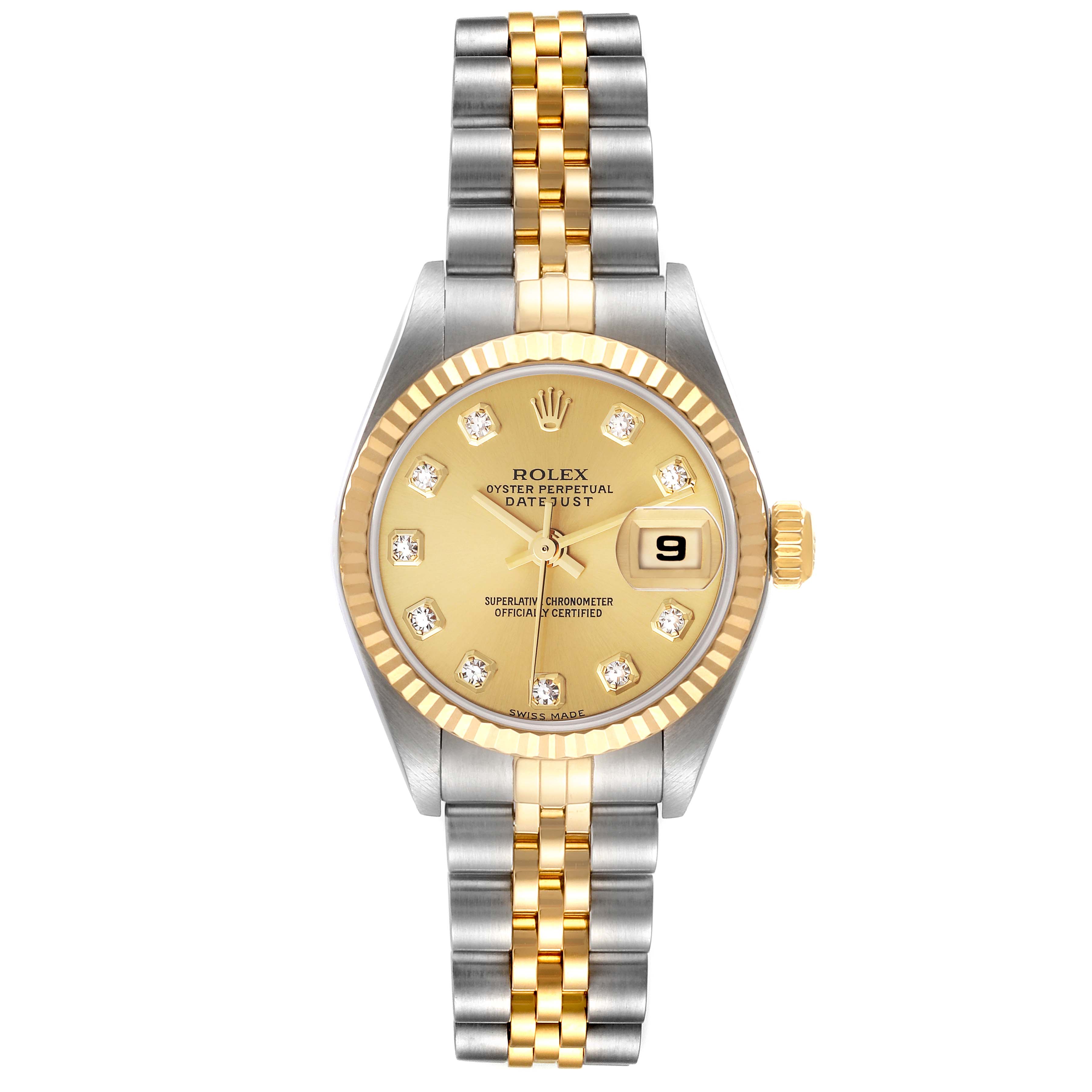 The Rolex Datejust 79173 Women's Steel and Gold (two tone) Champagne Dial 79173 Women's Steel and Gold (two tone) Champagne Dial watch is shown from a top-down angle, displaying its dial, bezel, crown, and bracelet.