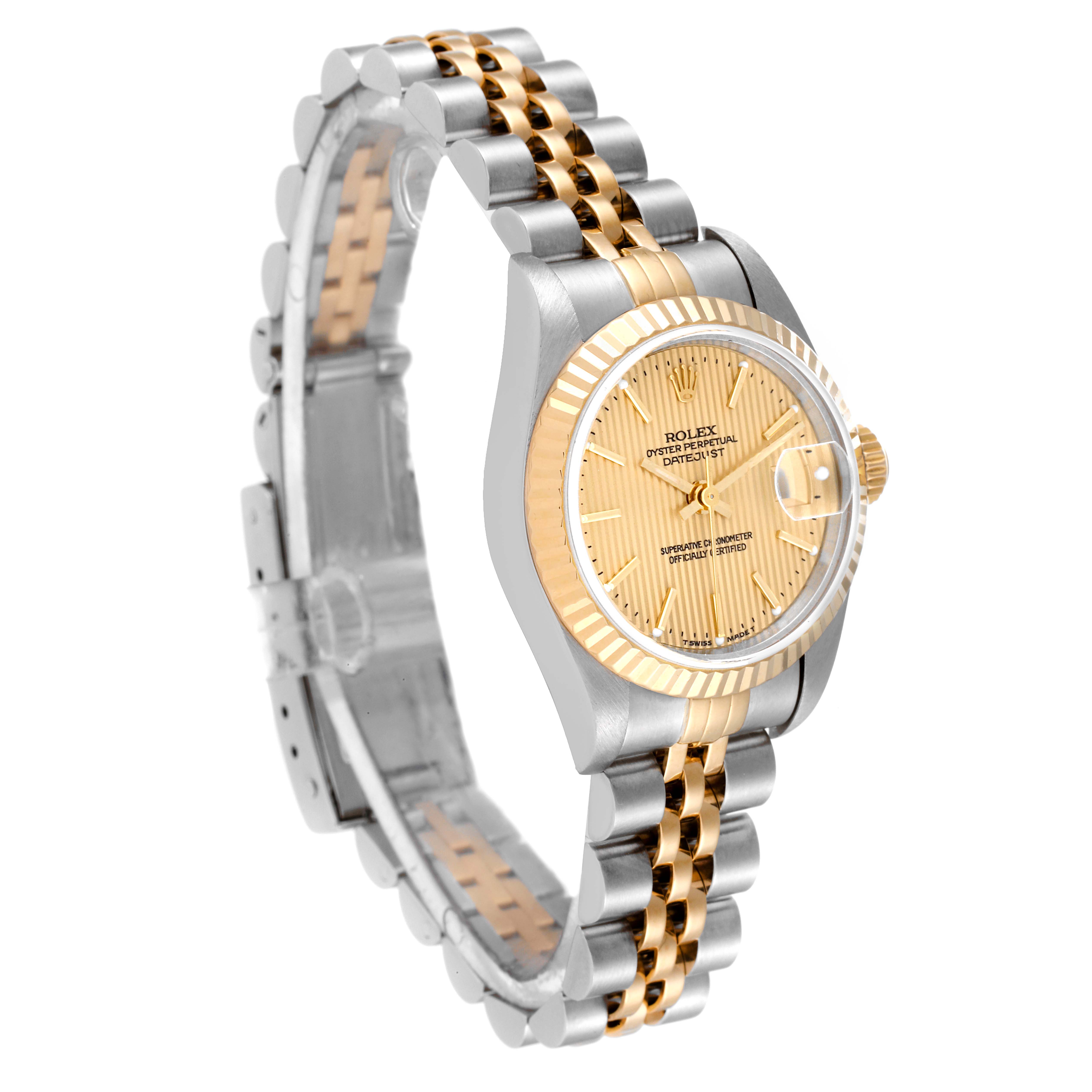 The image shows a side view of a Rolex Datejust 79173 Women's Steel and Gold (two tone) Champagne Dial 79173 Women's Steel and Gold (two tone) Champagne Dial watch, highlighting the two-tone bracelet and gold dial.