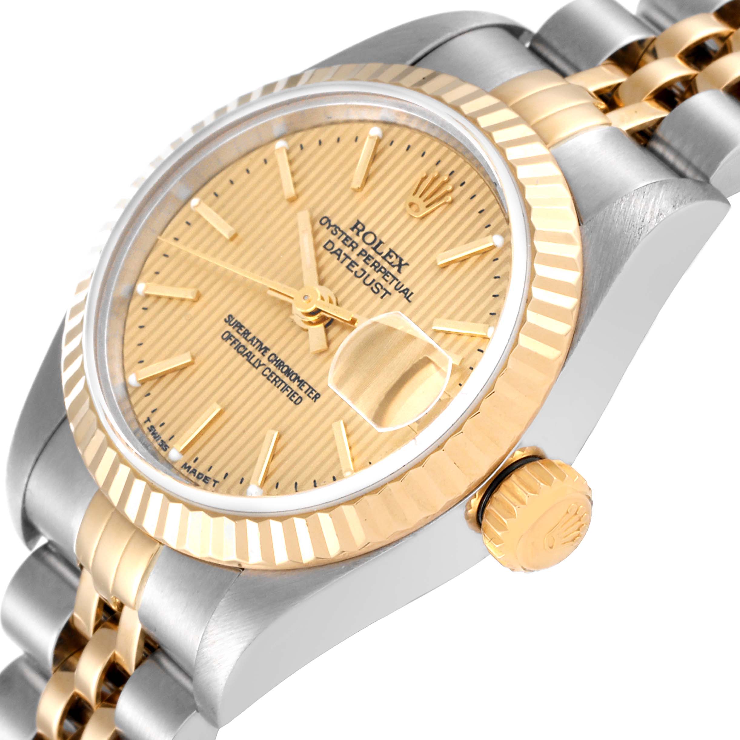 The Rolex Datejust 79173 Women's Steel and Gold (two tone) Champagne Dial 79173 Women's Steel and Gold (two tone) Champagne Dial watch is shown at an angle highlighting the dial, crown, and part of the bracelet.
