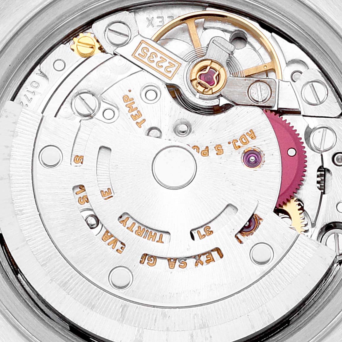 This image shows a detailed, close-up view of the movement mechanism inside a Rolex Datejust 79173 Women's Steel and Gold (two tone) Champagne Dial 79173 Women's Steel and Gold (two tone) Champagne Dial watch.