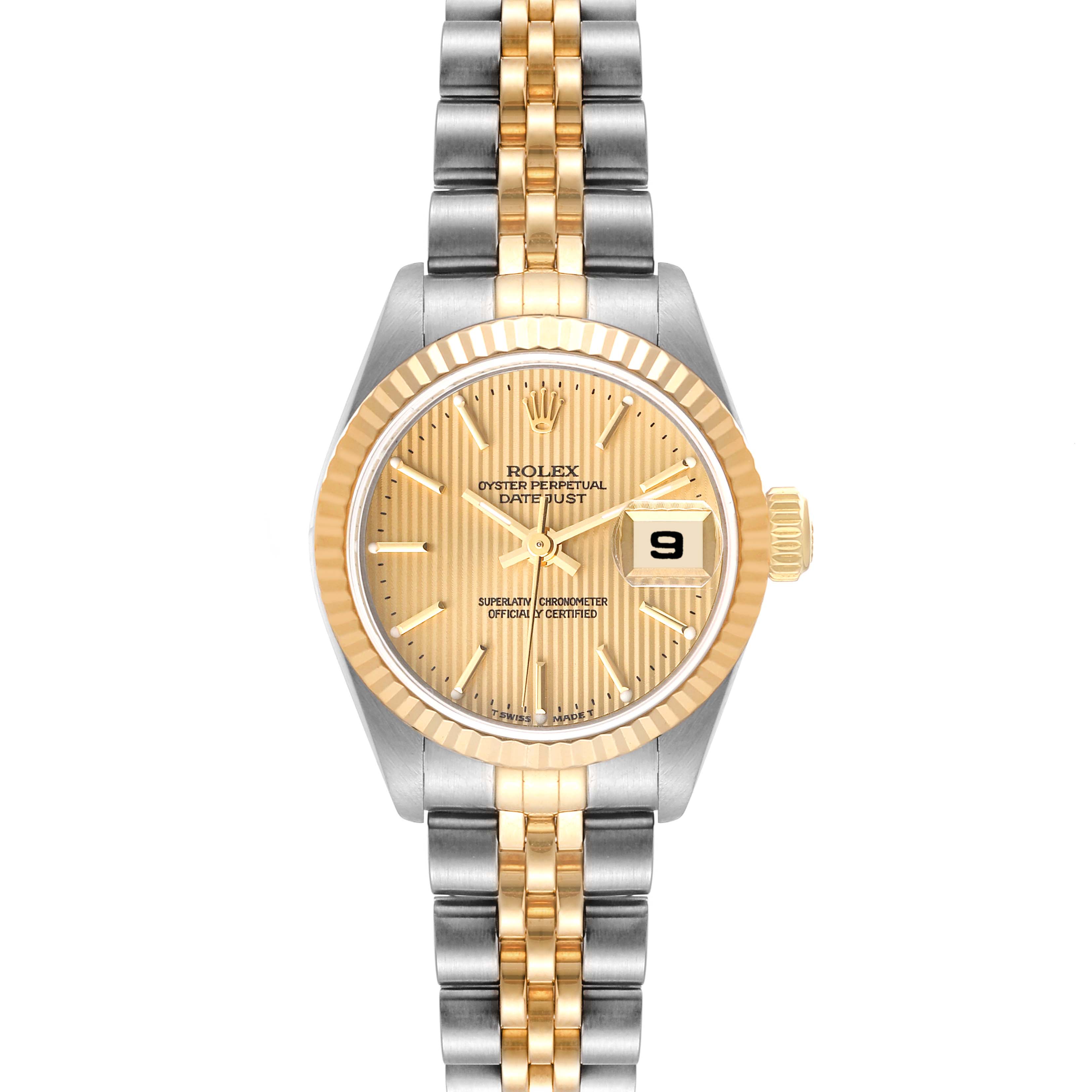The image shows a Rolex Datejust 79173 Women's Steel and Gold (two tone) Champagne Dial 79173 Women's Steel and Gold (two tone) Champagne Dial watch, displaying the dial, fluted bezel, and two-tone jubilee bracelet, viewed from the front.