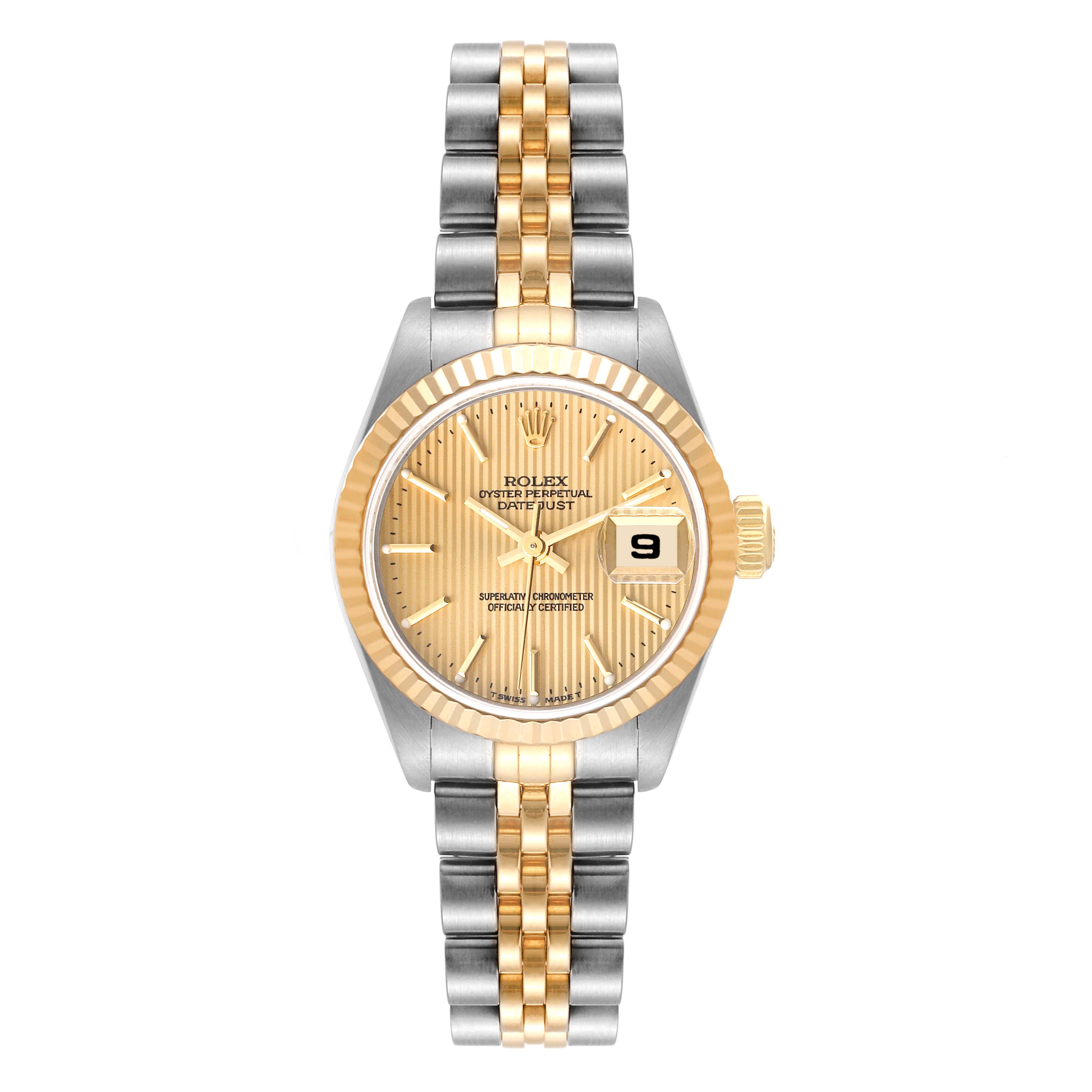 This image features a Rolex Datejust 79173 Women's Steel and Gold (two tone) Champagne Dial 79173 Women's Steel and Gold (two tone) Champagne Dial watch viewed from the front, showcasing the dial, bezel, and bracelet.