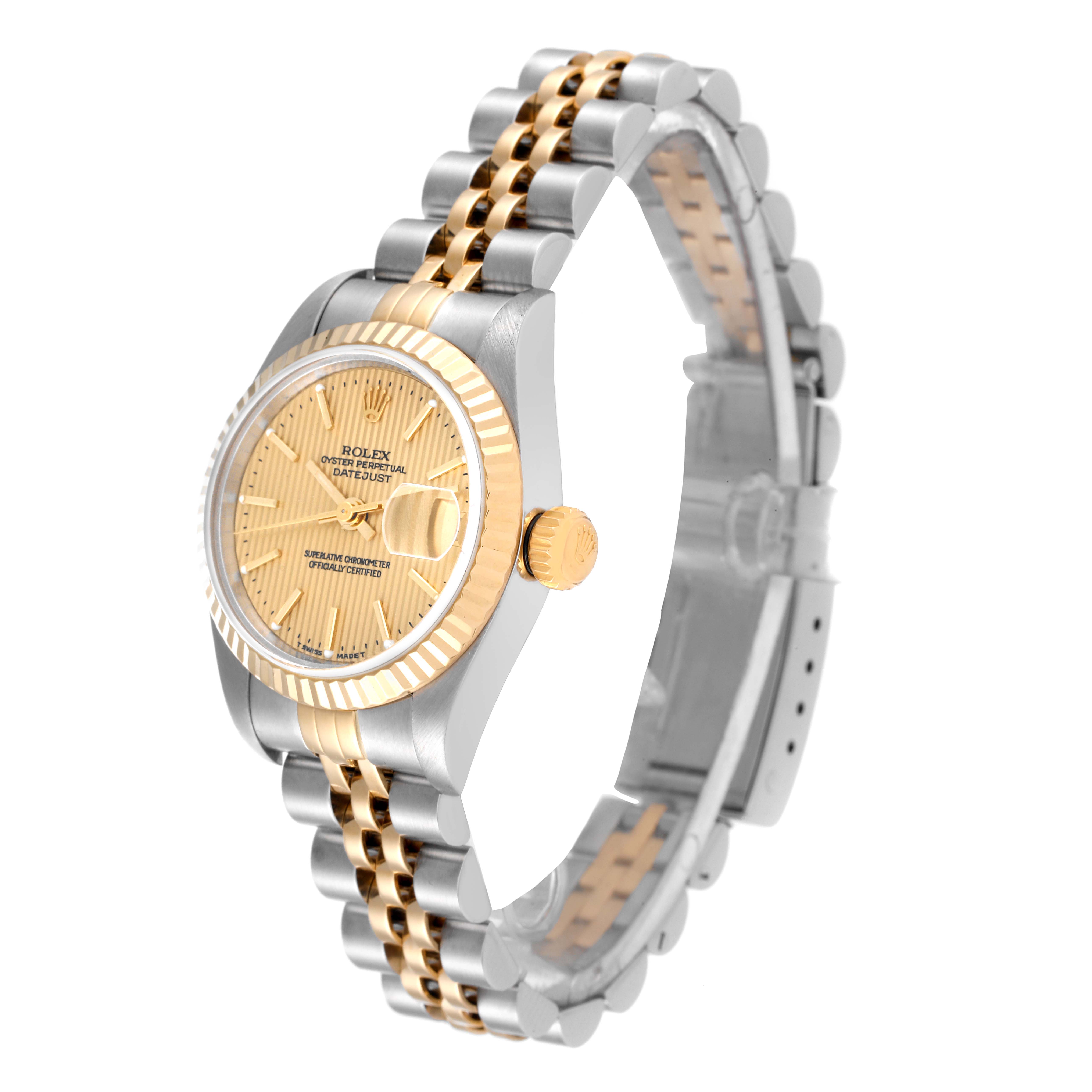 This image shows a side view of a Rolex Datejust 79173 Women's Steel and Gold (two tone) Champagne Dial 79173 Women's Steel and Gold (two tone) Champagne Dial watch, highlighting its two-tone bracelet and fluted bezel.