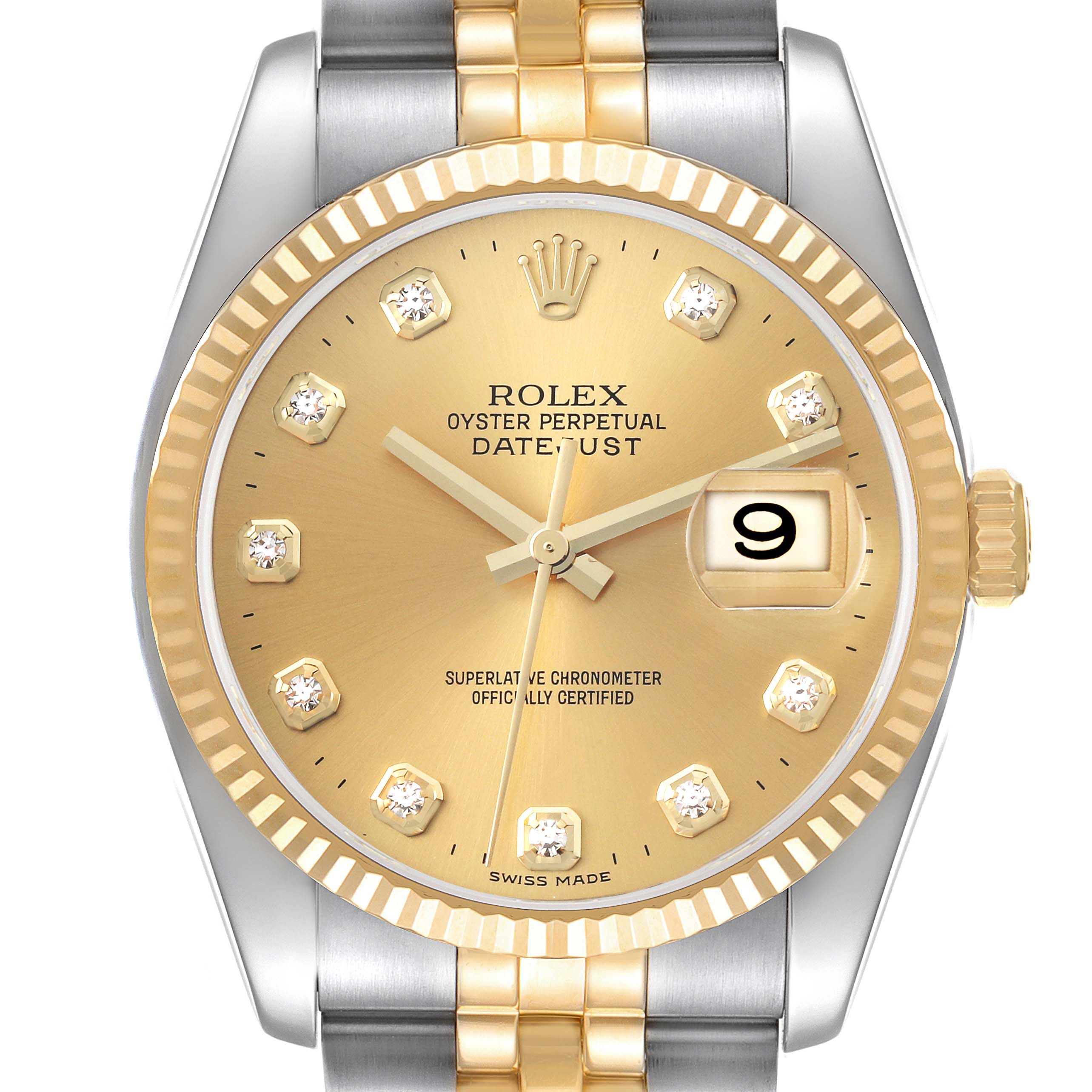 The Rolex Datejust 116233 Men
s Steel and Gold (two tone) Champagne Dial 116233 Men
s Steel and Gold (two tone) Champagne Dial watch is shown from the front, highlighting the gold dial, bezel, and part of the two-tone bracelet.