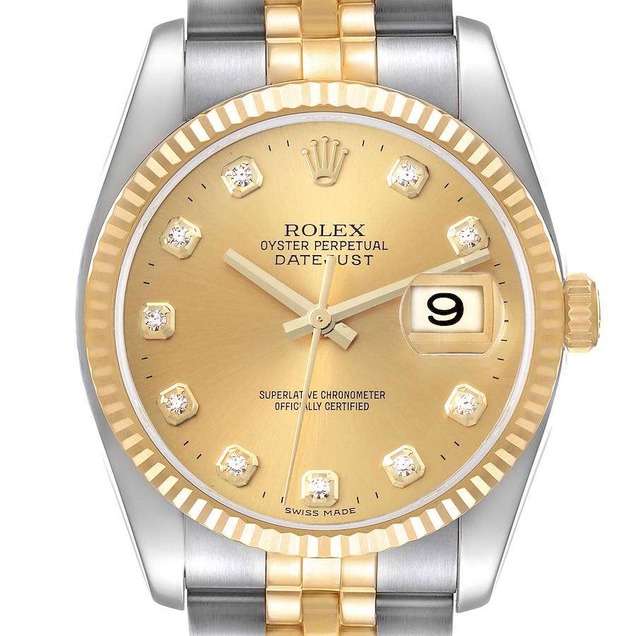 The Rolex Datejust watch is shown from the front, highlighting the gold dial, bezel, and part of the two-tone bracelet.