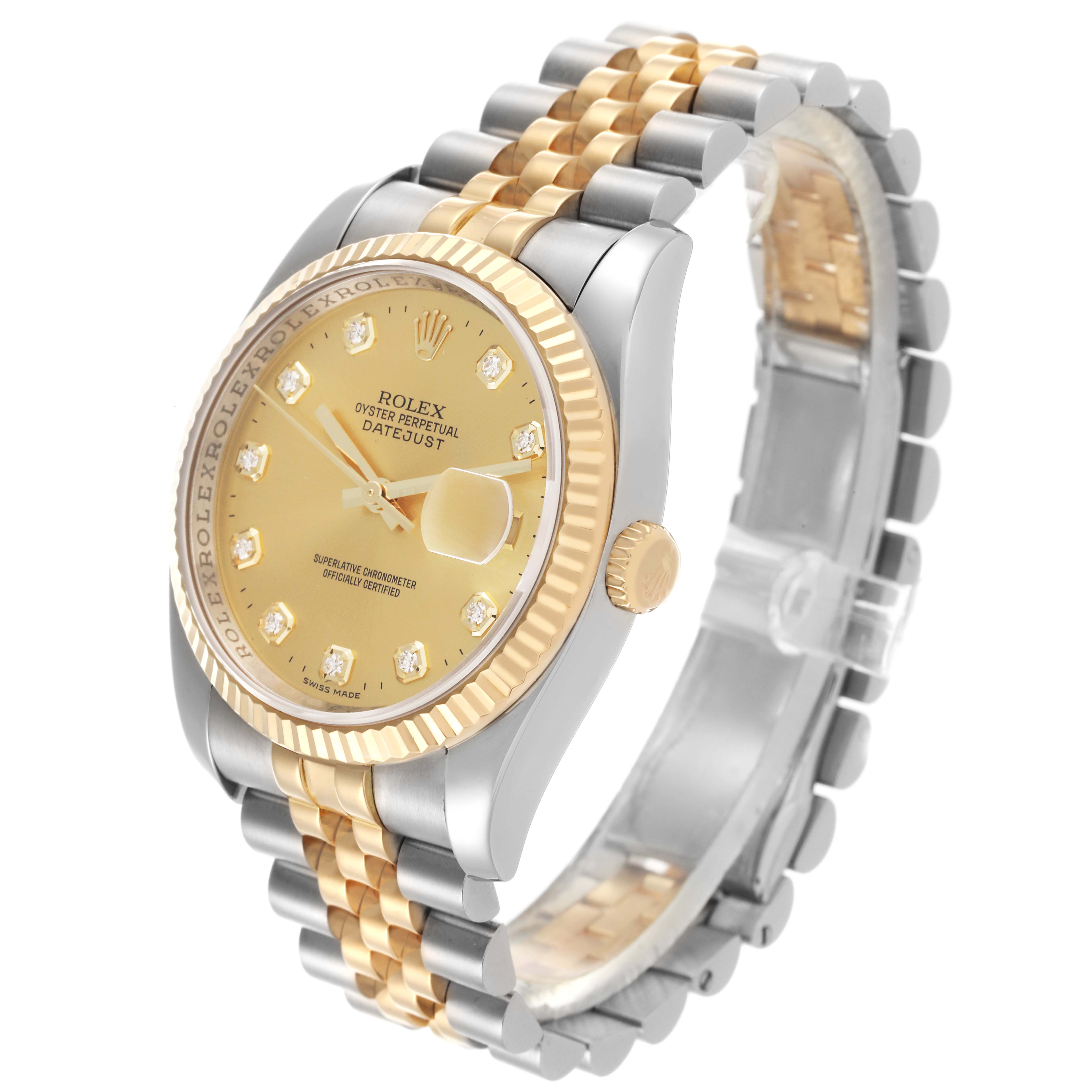 The image shows a Rolex Datejust 116233 Men
s Steel and Gold (two tone) Champagne Dial 116233 Men
s Steel and Gold (two tone) Champagne Dial watch at a slight angle, highlighting the gold and silver bracelet, bezel, and face.