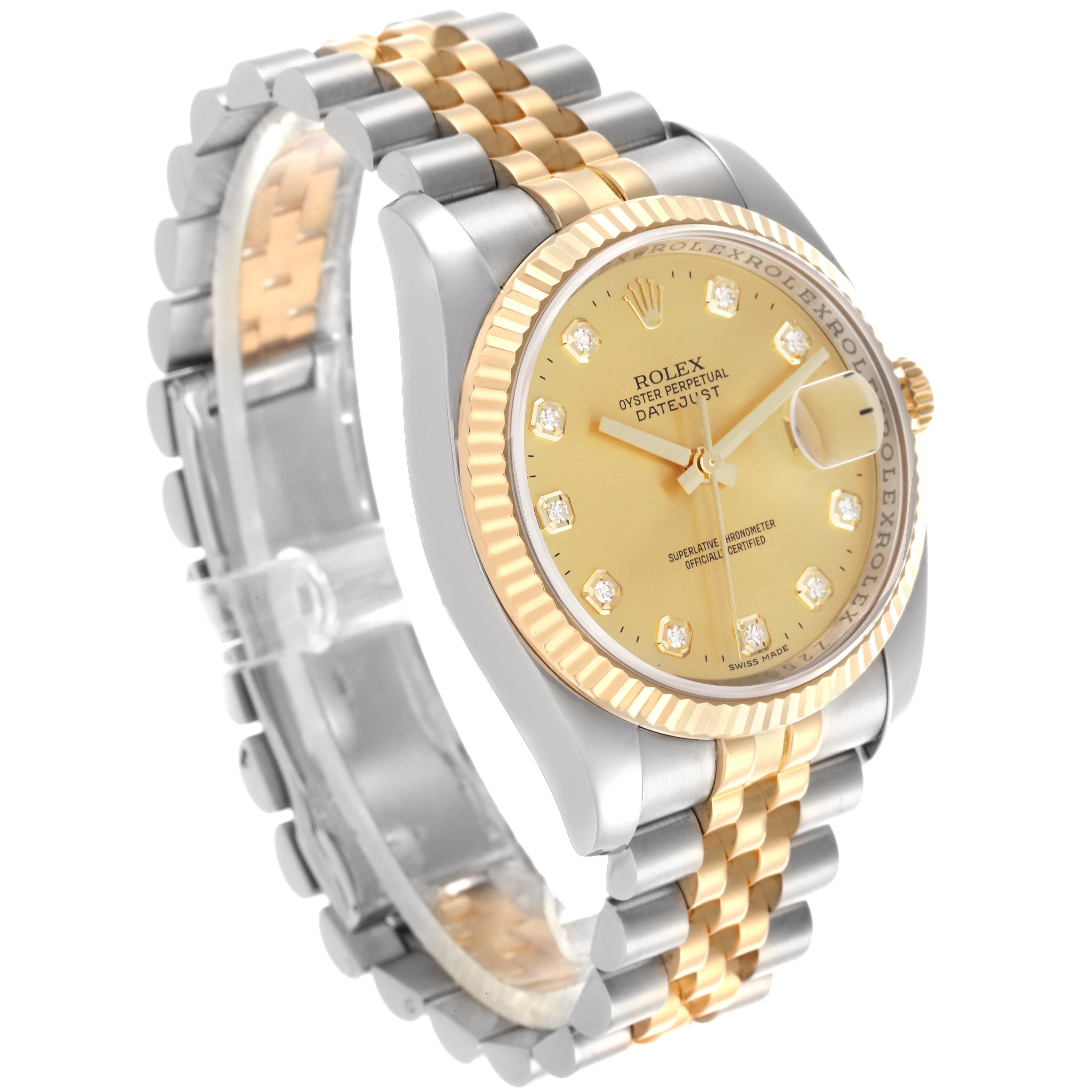 The Rolex Datejust 116233 Men
s Steel and Gold (two tone) Champagne Dial 116233 Men
s Steel and Gold (two tone) Champagne Dial is shown at a three-quarter angle, highlighting the two-tone bracelet, bezel, and dial with diamond markers.