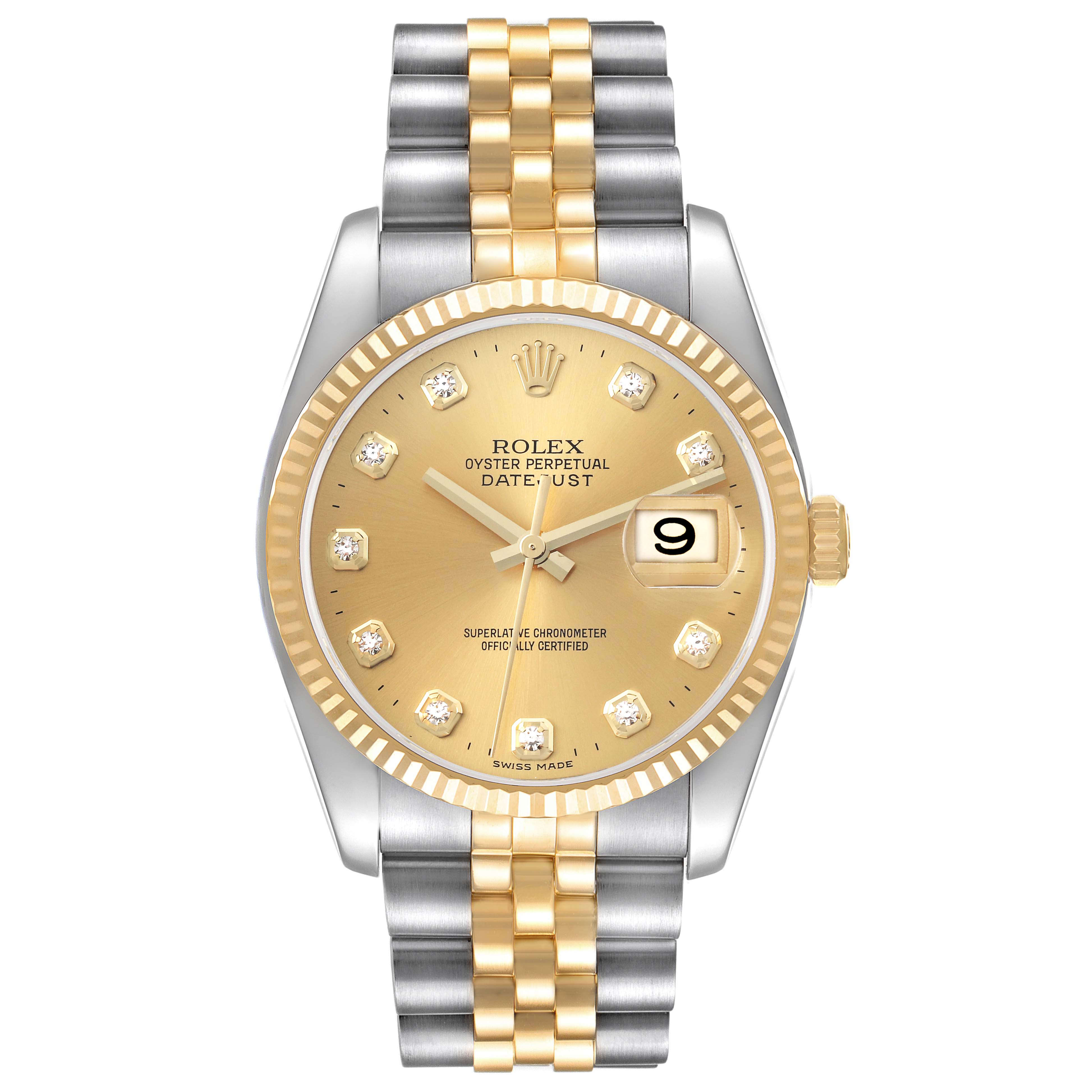 The Rolex Datejust 116233 Men
s Steel and Gold (two tone) Champagne Dial 116233 Men
s Steel and Gold (two tone) Champagne Dial watch is shown from a front angle, highlighting the dial, hands, bracelet, and crown.