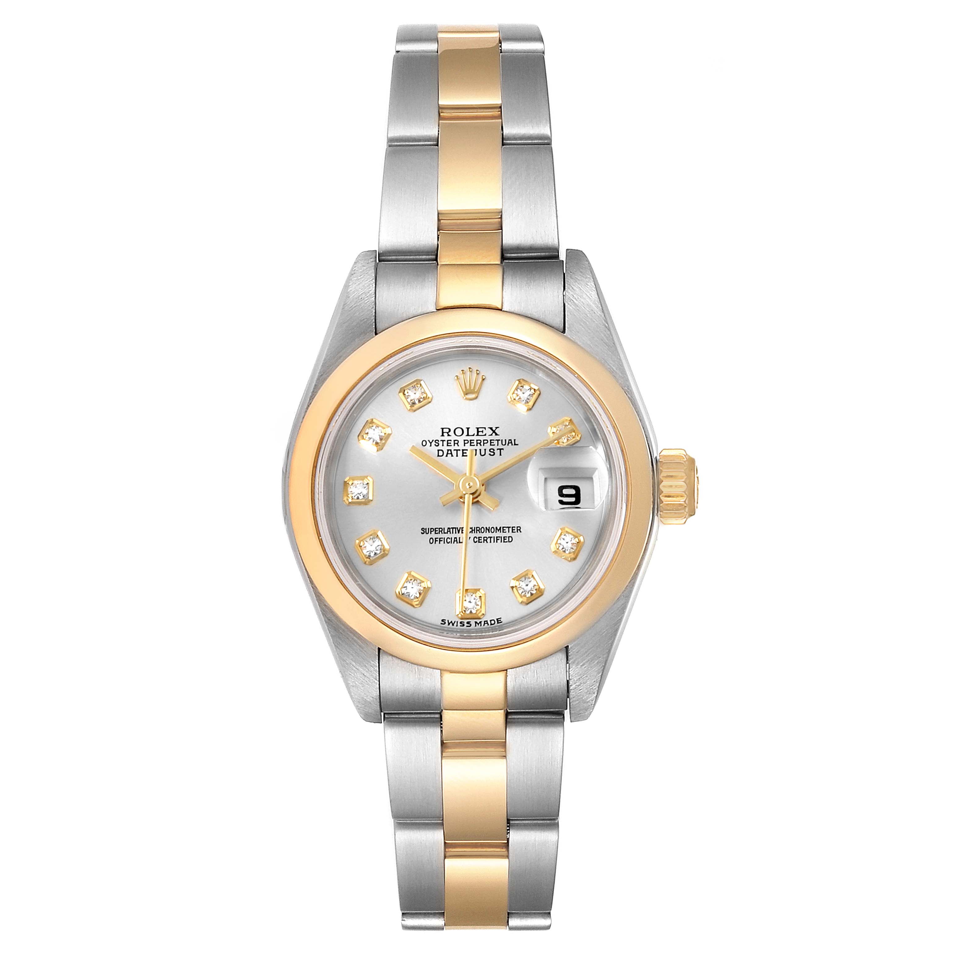 The Rolex Datejust 79163 Women's Steel and Gold (two tone) Silver Dial 79163 Women's Steel and Gold (two tone) Silver Dial watch is shown from a top-down view, highlighting its dial, bezel, and two-tone bracelet.